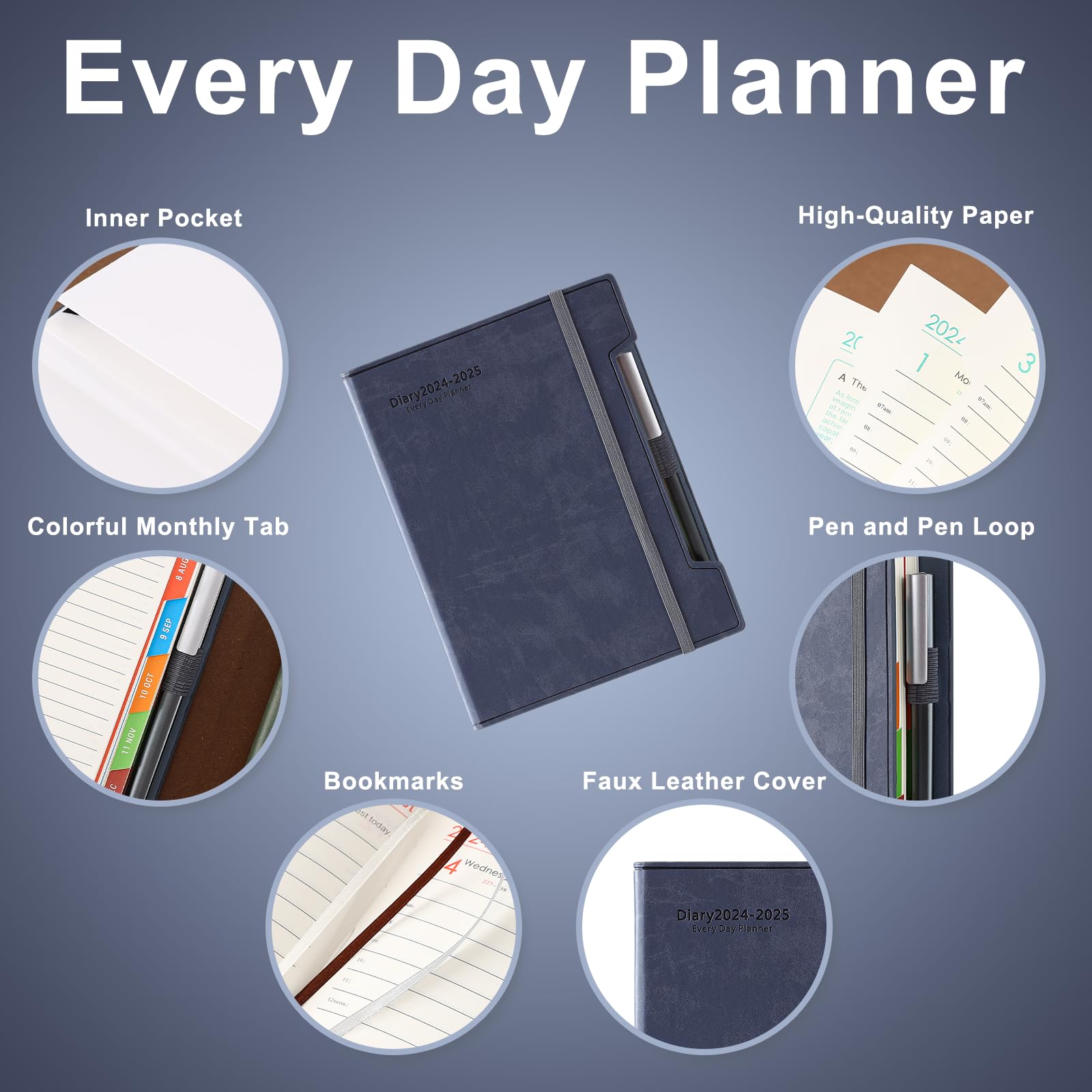 2024-2025 Academic Planner - A5 Daily Diary with Hard Cover, Pen Loop & Stickers | July 2024 to June 2025 Agenda | Perfect for Students, Teachers & Professionals | Back Pocket & Free Pen Included (Blue) | Ideal for School, Office & Personal Organization