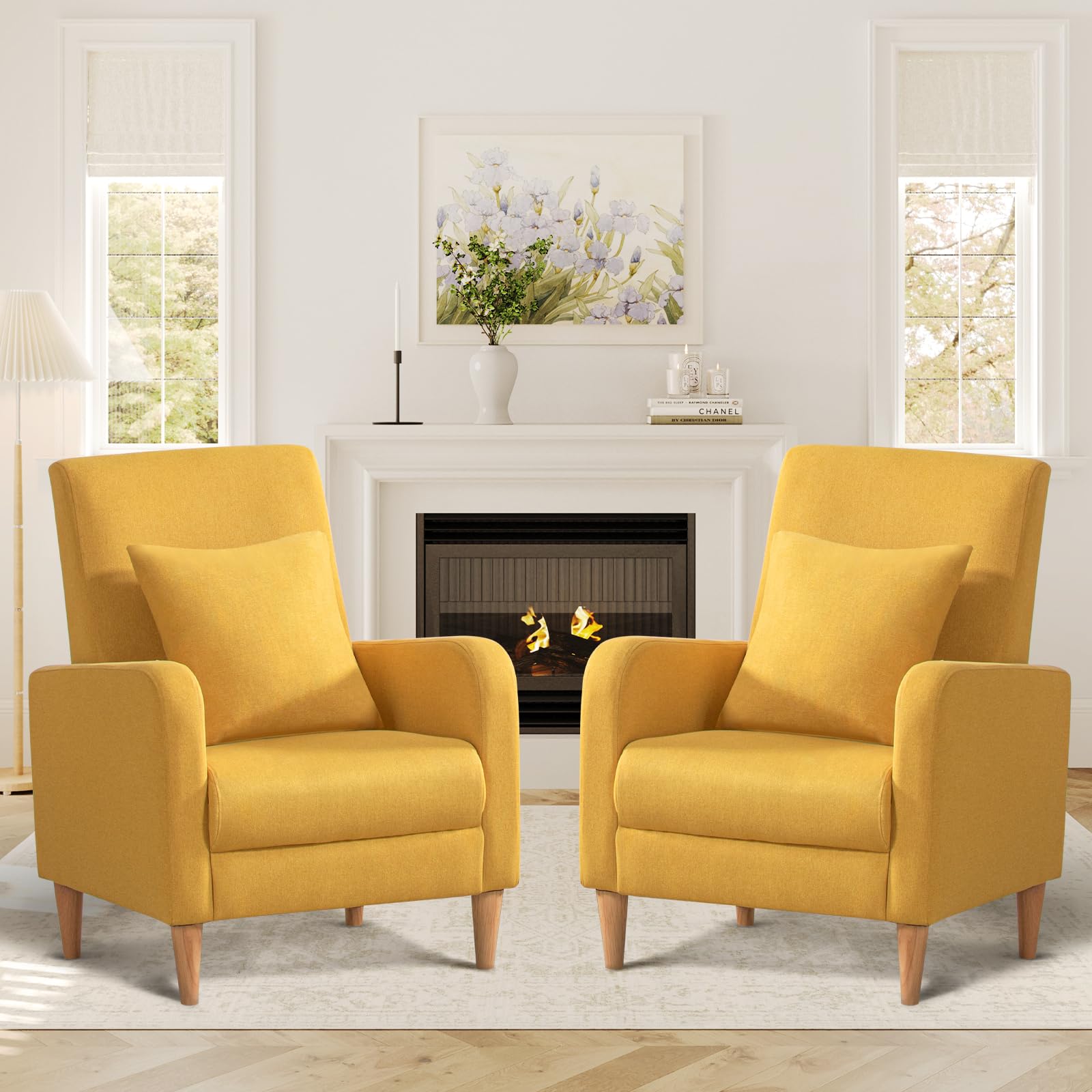 COLAMY 2-Piece Fabric Accent Chair Set - Upholstered Armchair & Side Chair with Back Pillow & Wooden Legs for Living Room, Bedroom, Reading Nook - Yellow Modern Home Decor
