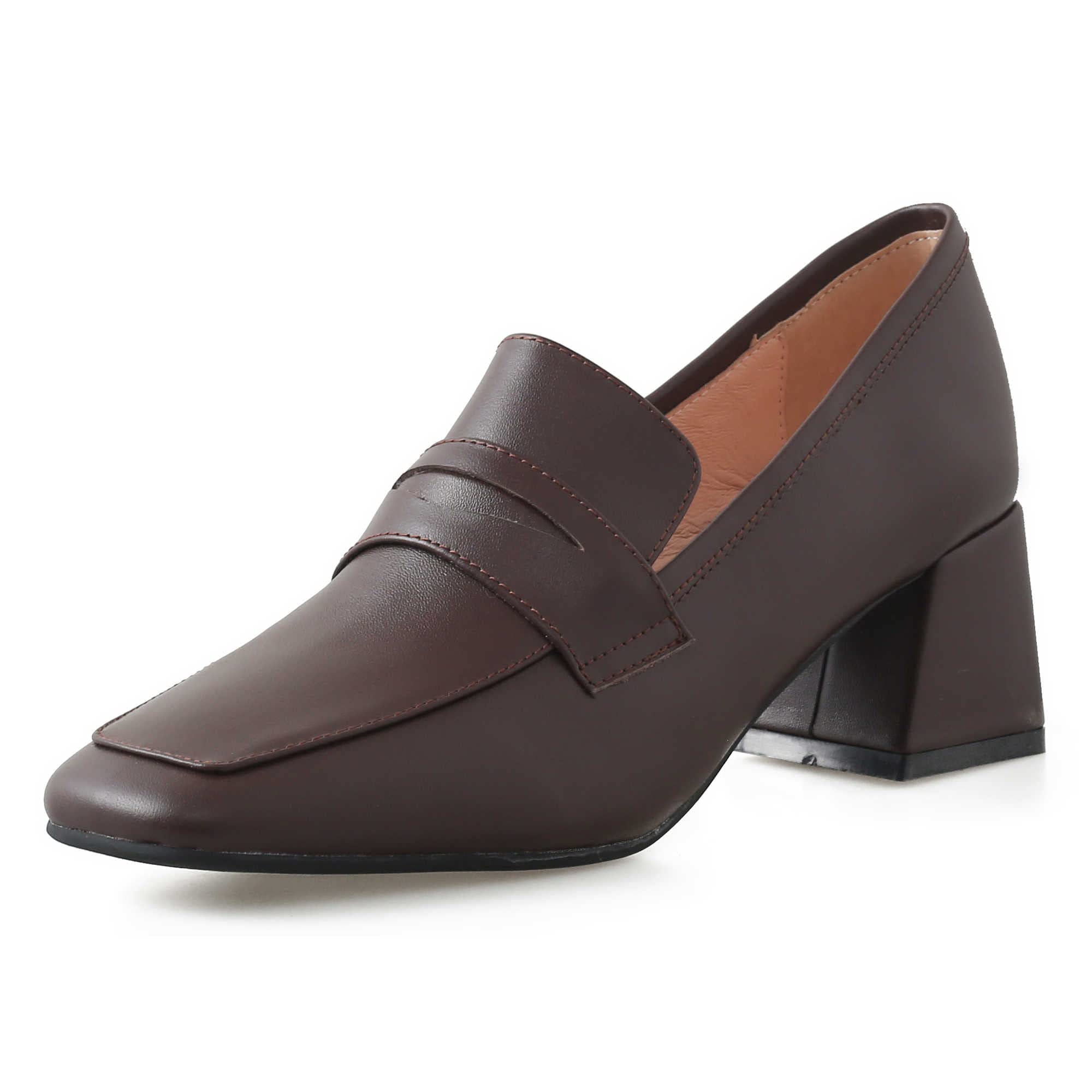 PARARICA Women's Leather Penny Loafers - Square Toe High Chunky Heel Shoes in Brown, Size 6.5 | Comfortable & Stylish for Office, Party & Casual Wear