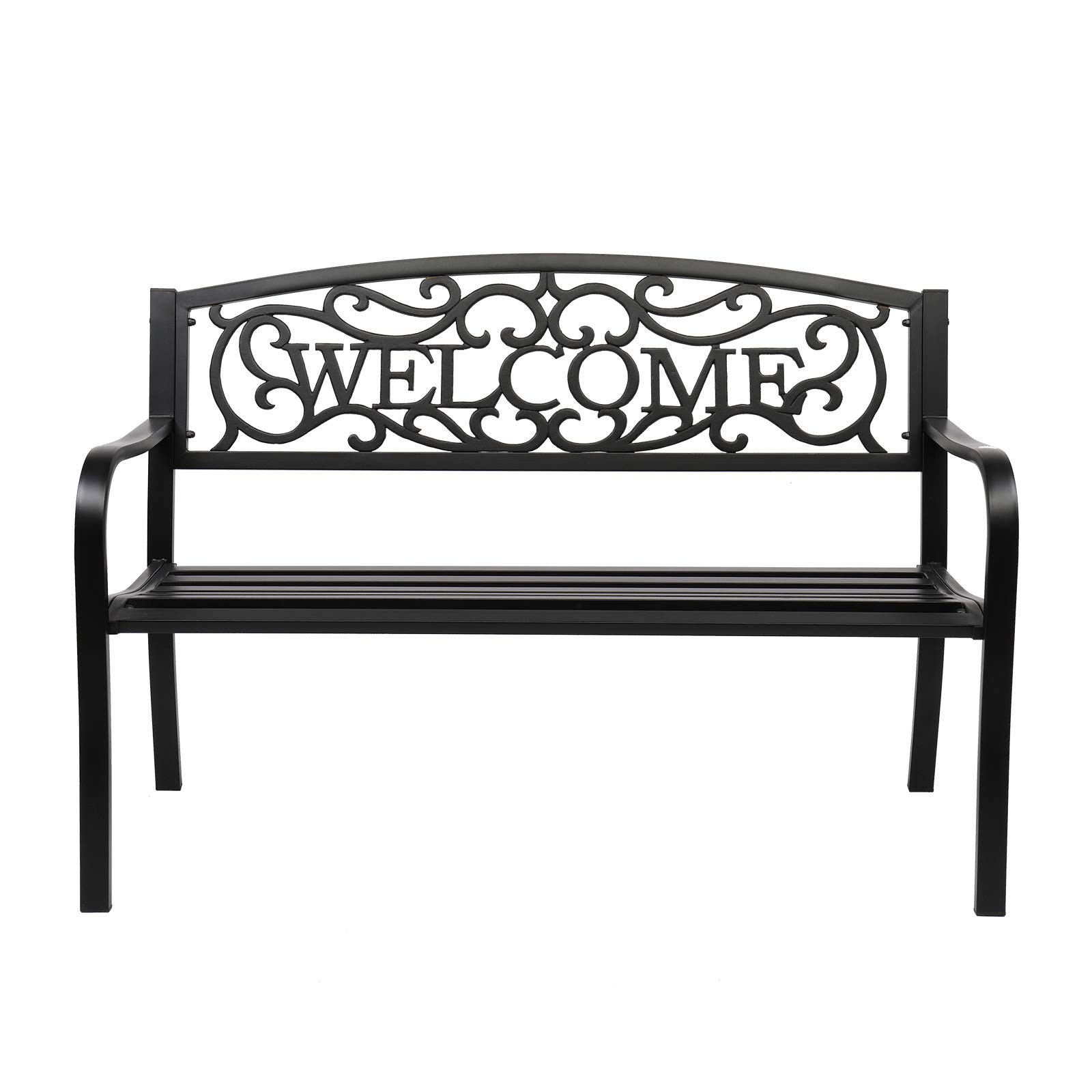 VINGLI Outdoor Bench with PVC Back Pattern - Durable Metal Garden Bench in Black Steel for Patio, Porch, Deck & Yard - Perfect Welcome Bench for Lawn Decor & Entryway - Ideal for Outdoor Relaxation & Home Decoration