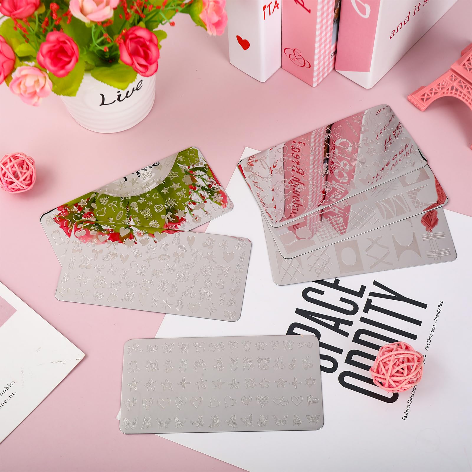Whaline 6Pcs Coquette Nail Stamping Plates Set - Bow, Cherry & Heart Nail Art Templates for DIY Manicure, Salon & Home Nail Design | Perfect for Valentine's Day, Bridal & Party Nail Art