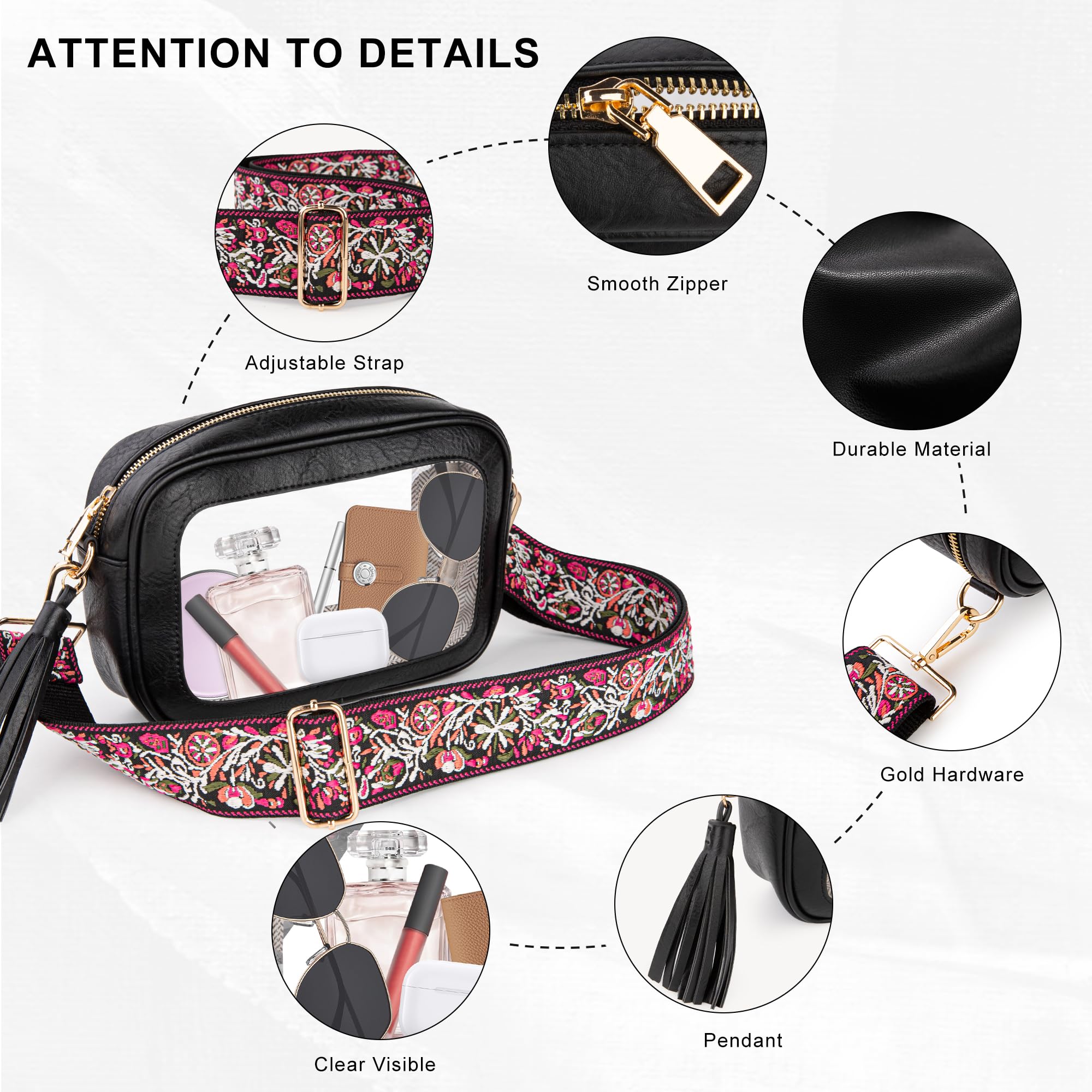 Viva Terry Approved Clear Stadium Bag - Small Adjustable Strap Crossbody Purse for Makeup & Toiletry (Black) | Perfect for Concerts, Sports Games & Travel Security Checks