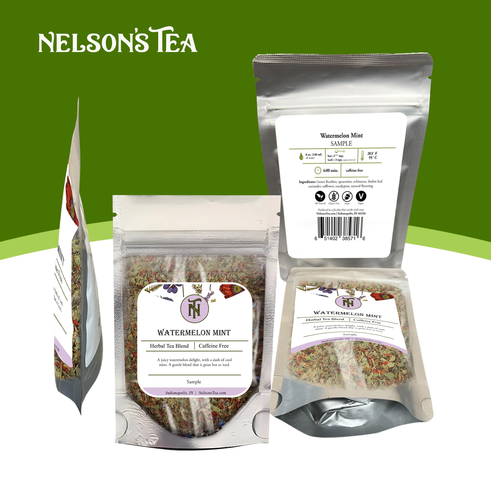 Nelson's Tea Watermelon Mint Loose Leaf Tea - Organic Green Rooibos with Spearmint, Echinacea & Herbal Blend | Caffeine-Free, Antioxidant-Rich | Perfect for Relaxation, Afternoon Tea & Wellness Routines
