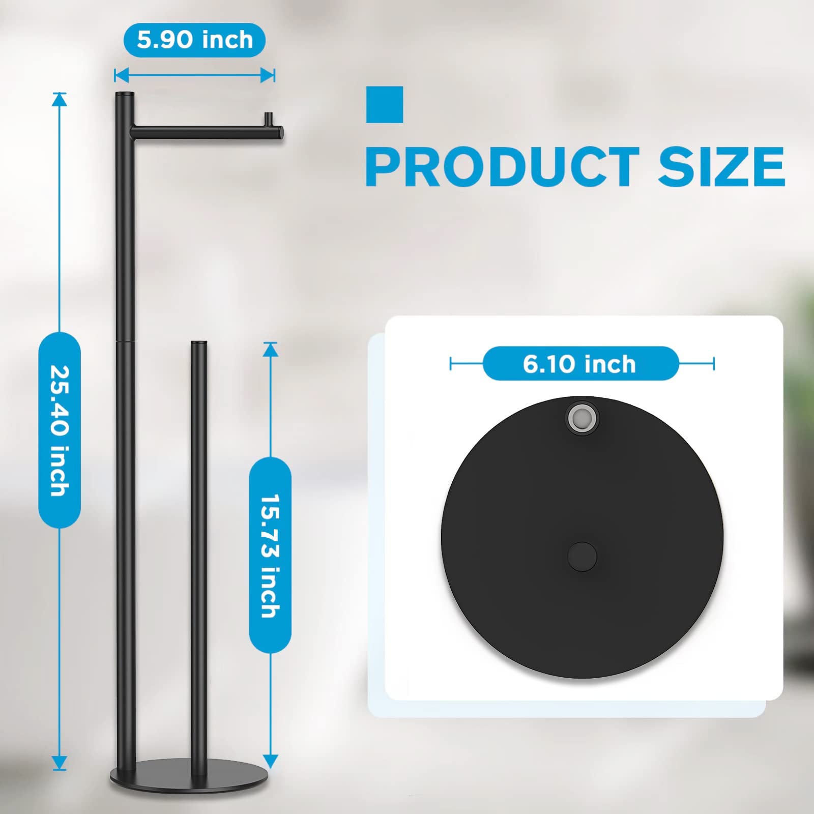 Free Standing Toilet Paper Holder Stand with Storage - Black Bathroom Tissue Dispenser | Space-Saving Design for Small Bathrooms, Powder Rooms & RVs