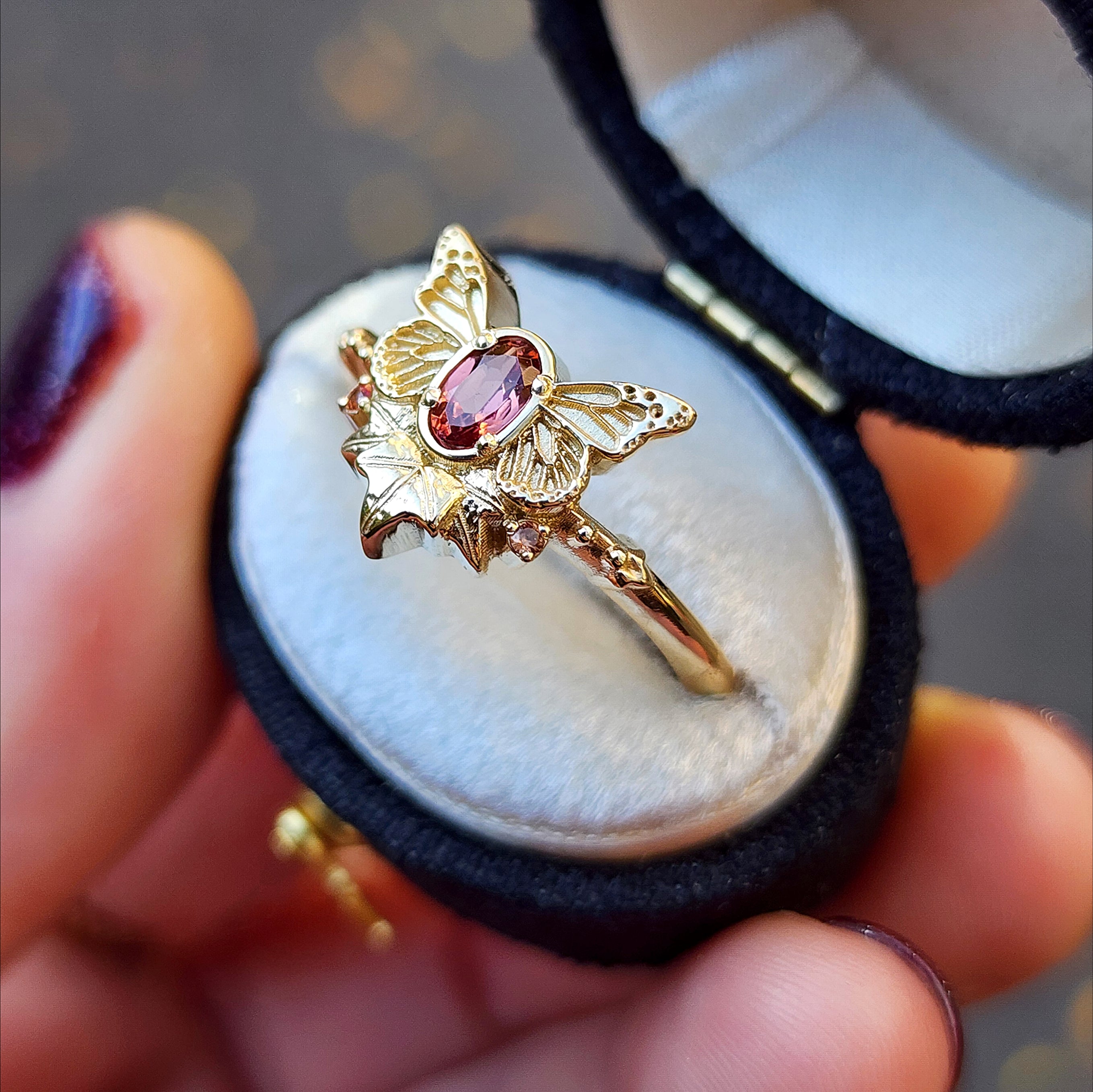 14K Gold Butterfly Fairy Ring with Oval Sapphire - Nature Inspired Bug Jewelry, Ivy Leaves Design, Custom Gemstone Option | Perfect for Engagement, Fantasy Wedding, Boho Jewelry Collection
