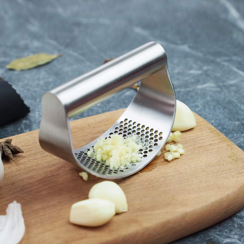 Premium Stainless Steel Garlic Press Rocker - Arc Shape Design for Effortless Crushing & Mincing - Includes 2 Pack Garlic Peeler & Chopper - Perfect for Cooking, Meal Prep & Professional Kitchens