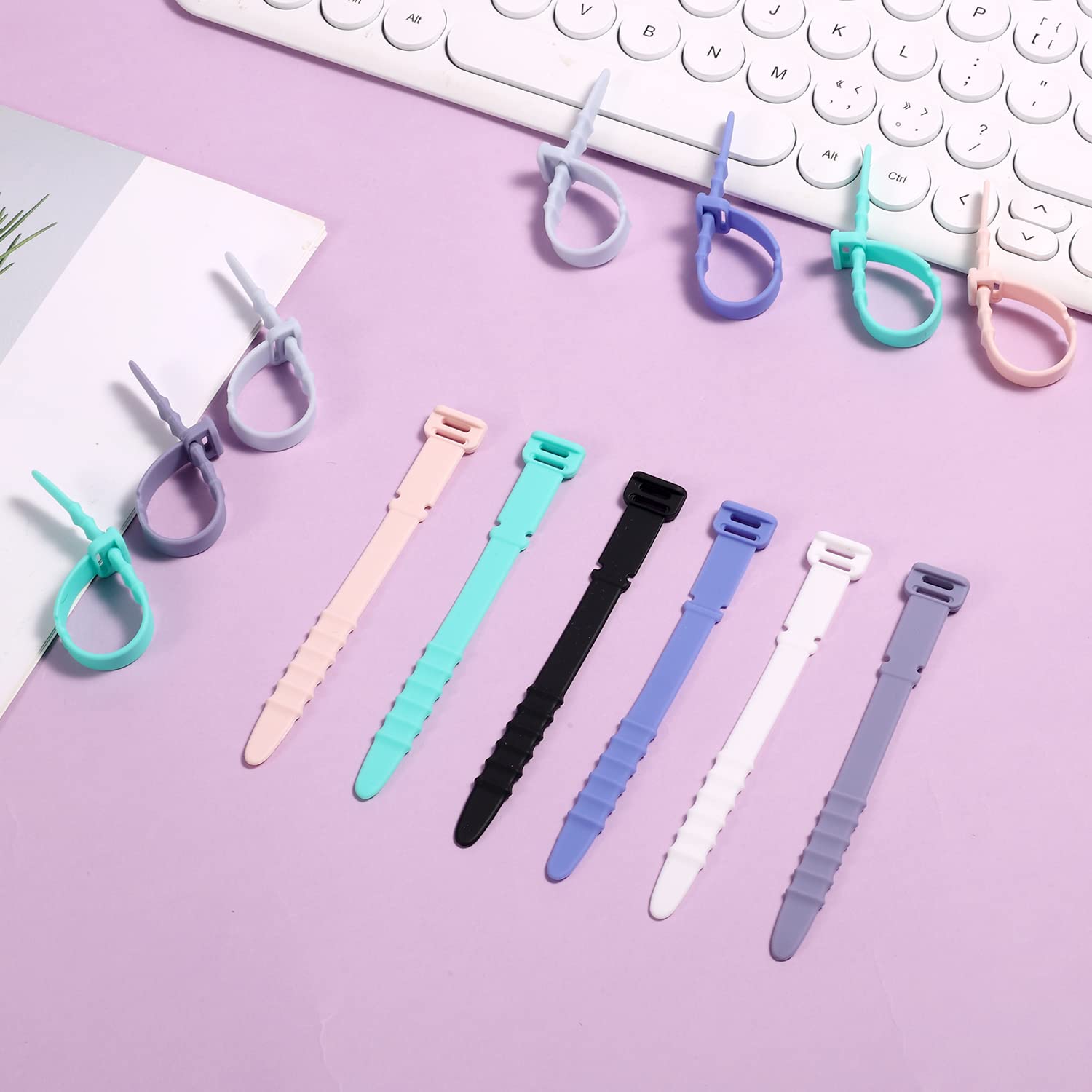 28pcs Reusable Silicone Cable Ties - 4.5inch Elastic Wire Organizer Straps for Charging Cables, USB Cables, Pens, Keychains & Earphones (7 Colors) - Perfect for Home, Office & Travel Cable Management