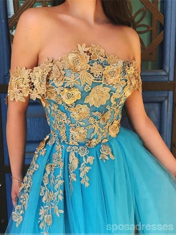 Floral Blue A-Line Off-Shoulder High Slit Long Prom Dresses for Women - Elegant Formal Evening Gowns for Homecoming, Wedding Guest & Special Occasions
