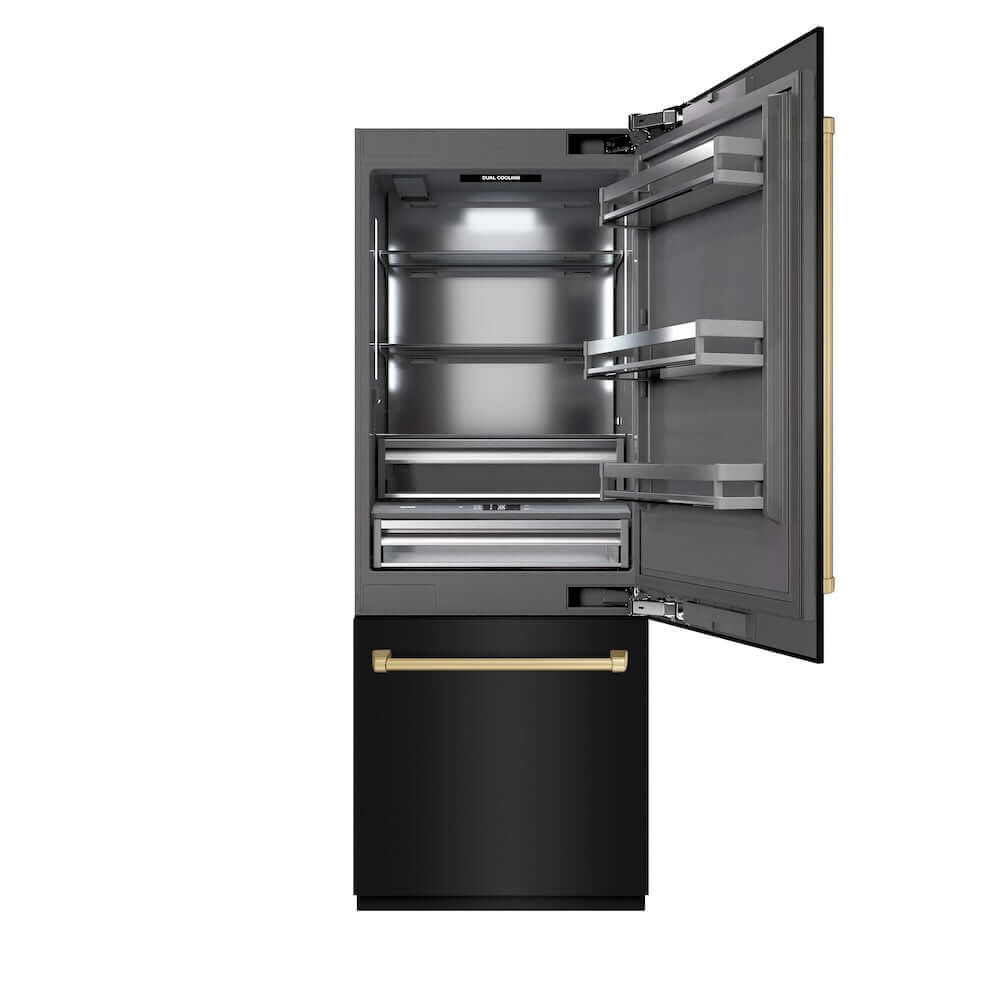 ZLINE Autograph Edition 30-inch 16.1 cu. ft. Built-In Bottom Freezer Refrigerator with Water Dispenser & Ice Maker - Black Stainless Steel, Graphite Gray Interior & Champagne Bronze Accents (GRBIVZ BS 30 CB) | Premium Kitchen Appliance for Modern Homes & Restaurants