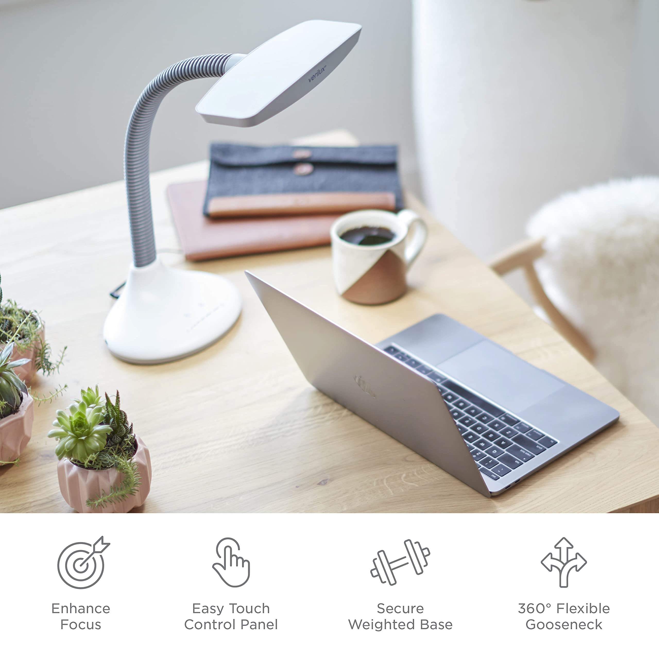 Verilux® SmartLight Full Spectrum LED Desk Lamp with Adjustable Brightness & Flexible Gooseneck - USB Charging Port, Eye Strain Relief for Reading, Artists, Crafts - Perfect for Home Office, Study & Workspace Lighting