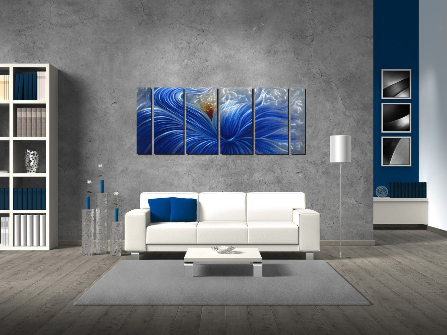 Large Blue Flower Metal Wall Art - Abstract Modern Contemporary Home Decor - Indoor Outdoor Metal Wall Sculpture - 6 Panel Set 65x24 Inches - Perfect for Living Room, Bedroom, Office & Garden Decor