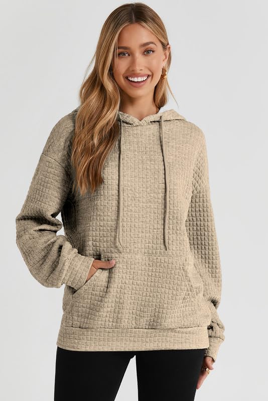 SHEWIN Women's Casual Long Sleeve Waffle Pullover Hoodie with Drawstring & Pocket - Loose Fit Hooded Sweatshirt for Everyday Wear, Lounge & Outdoor Activities