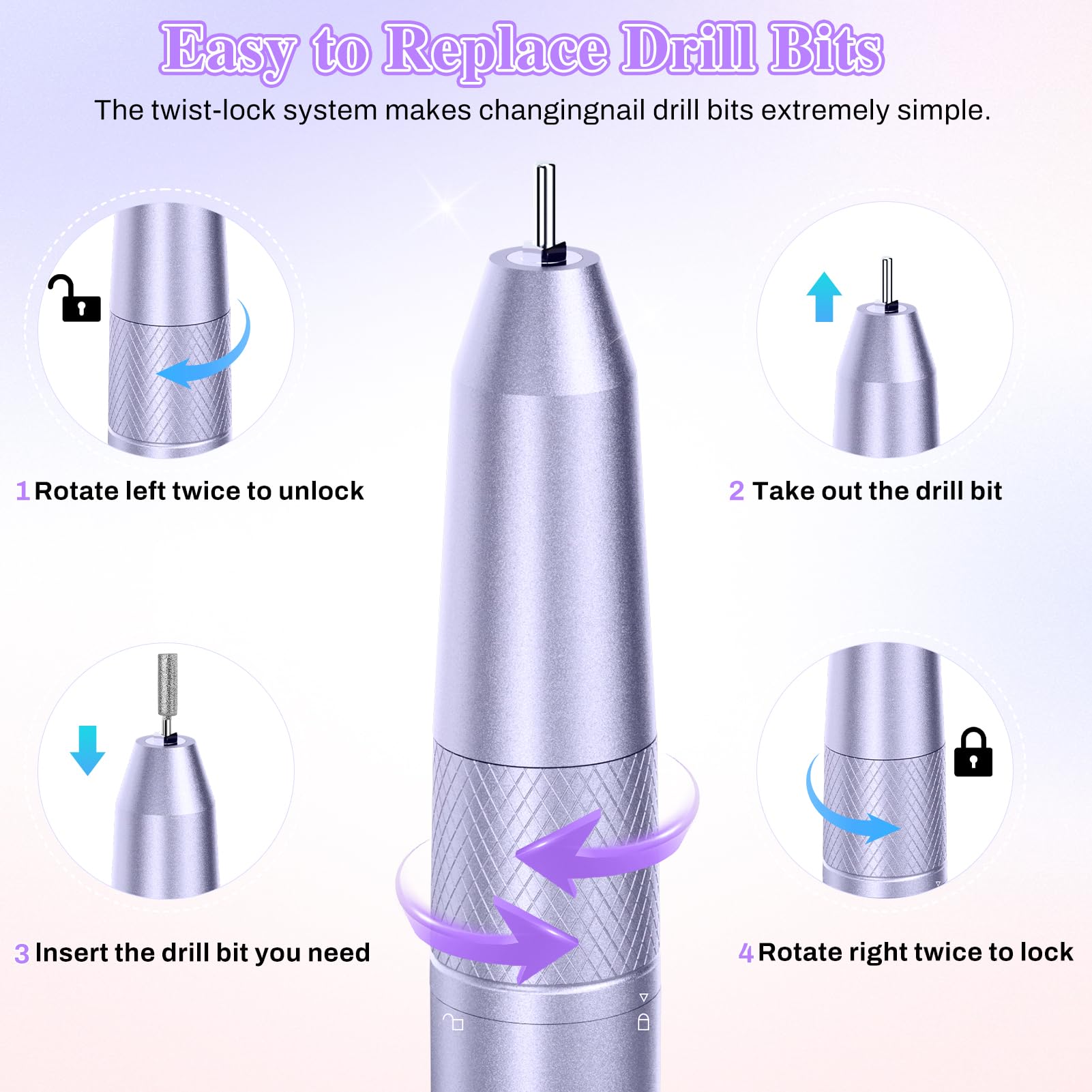 Professional Electric Nail Drill Kit - 50000RPM Portable Nail File with 6000mAh Rechargeable Battery for Acrylic & Gel Nails | Manicure Pedicure Polishing Machine for Salon & Home Use (Purple) | Perfect for DIY Nail Art & Professional Nail Care