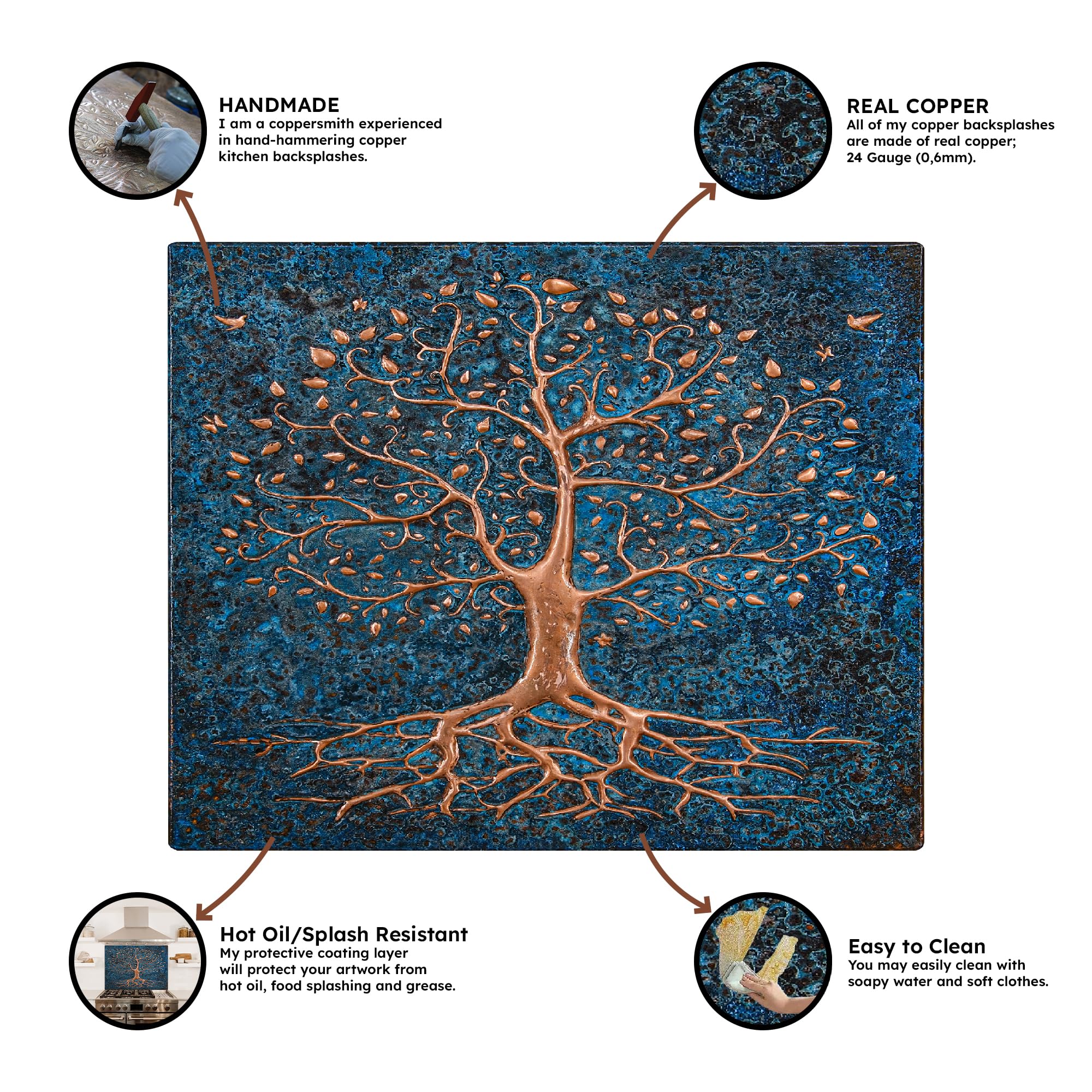 Handmade Copper Backsplash Tile - Tree with Roots Design - Custom Kitchen Backsplash Panel for Indoor & Outdoor Wall Decor (Blue) | Perfect for Modern Kitchens, Bathrooms & Patio Accent Walls