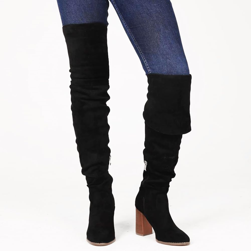 Mattiventon Women's Over The Knee Boots - Stretch Suede Thigh High Boots with Block Heels & Side Zipper | Fashionable Chunky Heel Boots for Party, Date Night & Winter Outfits