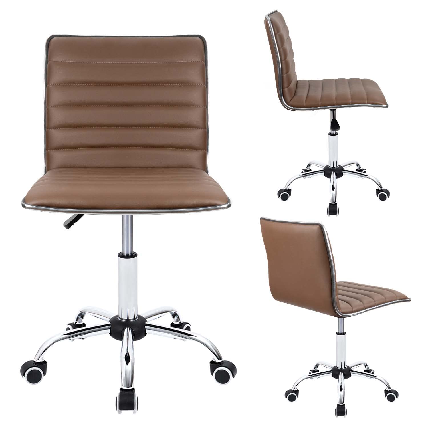 Furmax Mid Back Task Chair - Ergonomic Leather Swivel Office Chair with Ribbed Design, Armless Retro Computer Desk Chair for Home & Office (Brown) - Perfect for Workspaces, Makeup Vanity & Gaming Setups