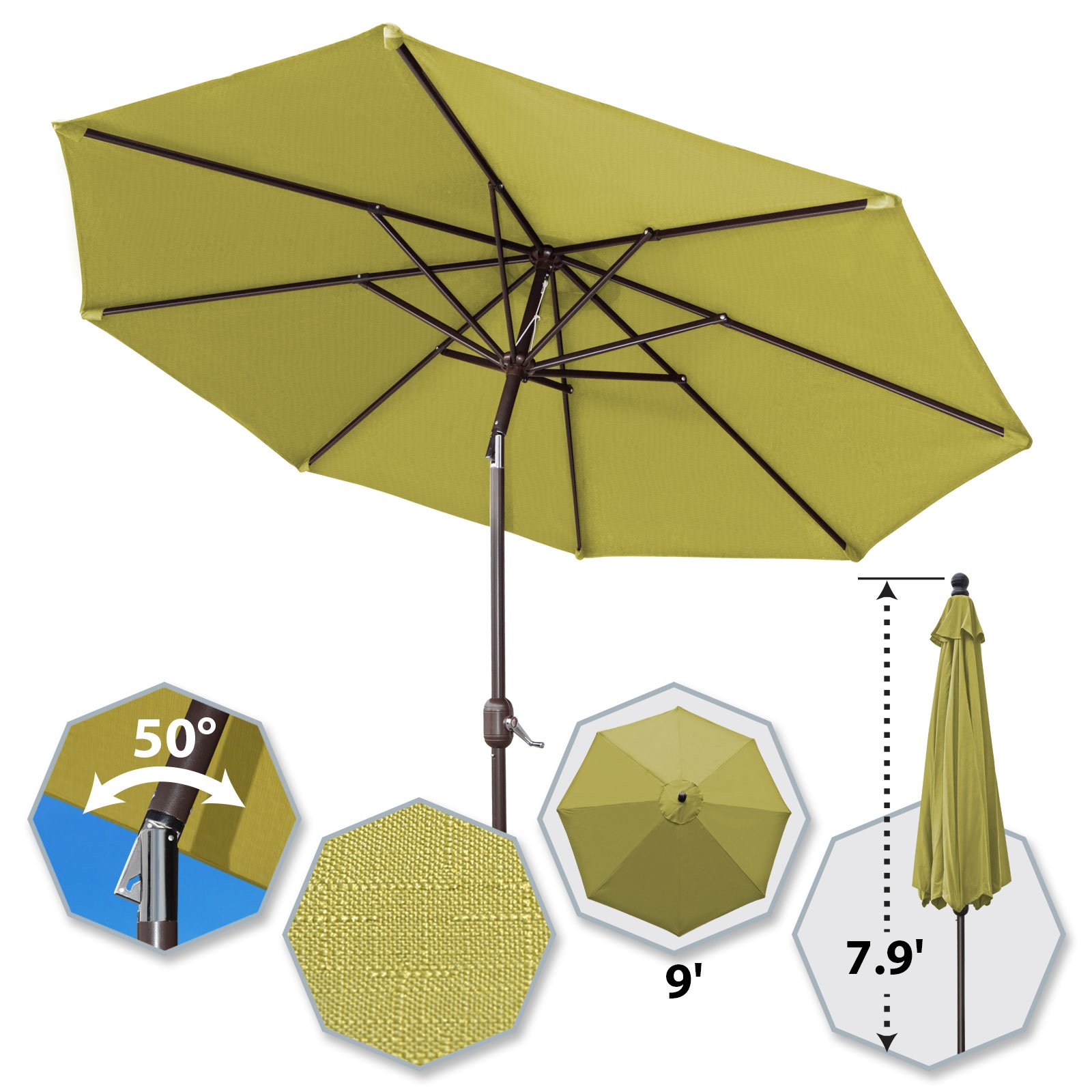 9 Ft Outdoor Patio Umbrella with Auto Tilt & Crank - Heavy Duty Aluminum Frame, 8 Ribs, Includes OLIFEN Cover (Green) - Perfect for Poolside, Backyard, and Outdoor Dining Areas