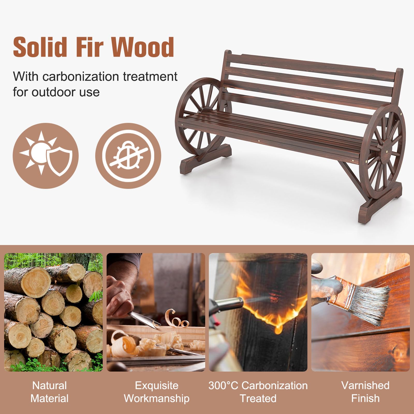KINTNESS 3-Person Wooden Wagon Wheel Bench - Rustic Outdoor Garden Bench with Slatted Seat & Backrest - Perfect for Backyard, Patio, Porch, and Garden Decor