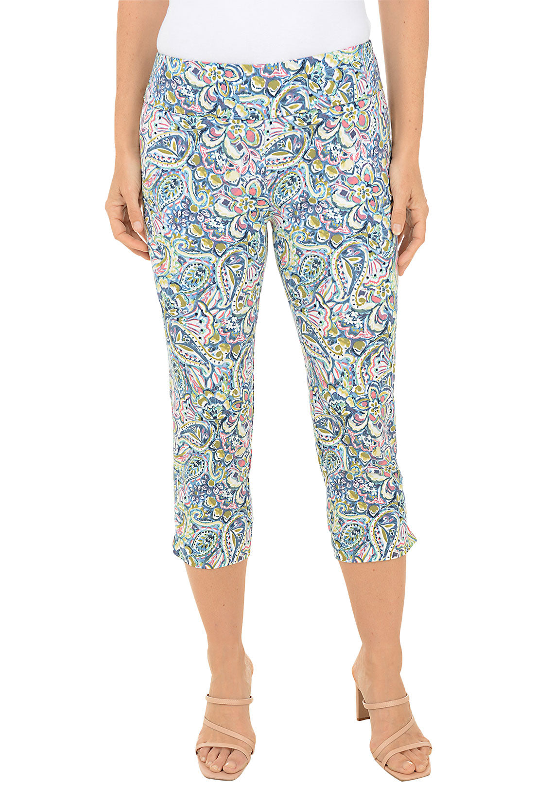 Women's Petite Coral Paisley Pull-On Crop Pants - Comfortable Stretchy High Waist Ankle Pants for Casual Wear, Work & Travel