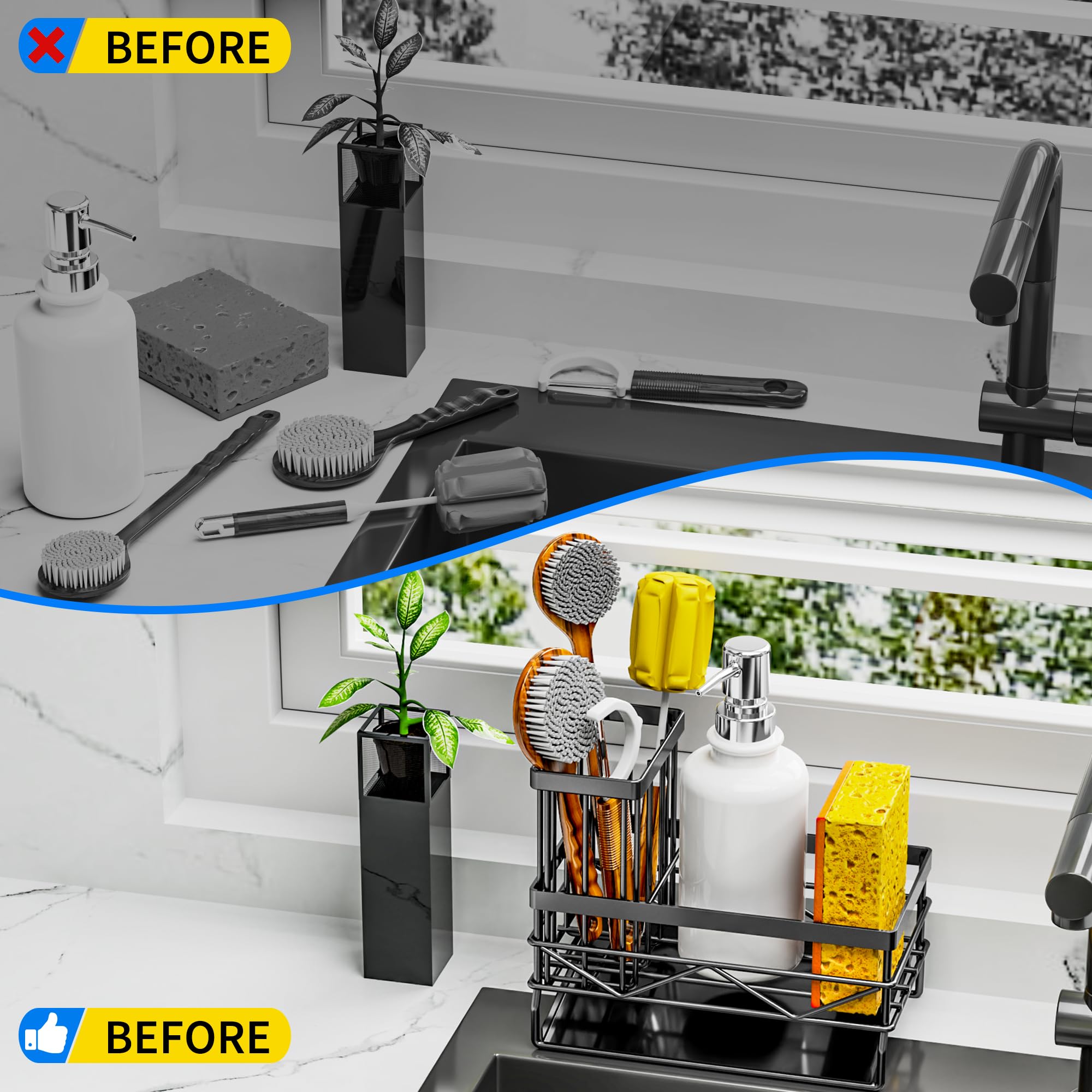 Stainless Steel Kitchen Sink Organizer with Sponge & Brush Holder - Rustproof 304 Sink Caddy for Sponges, Soap & Cleaning Tools | Compact Black Sink Accessory for Organized Kitchen Countertop & Dishwashing Area