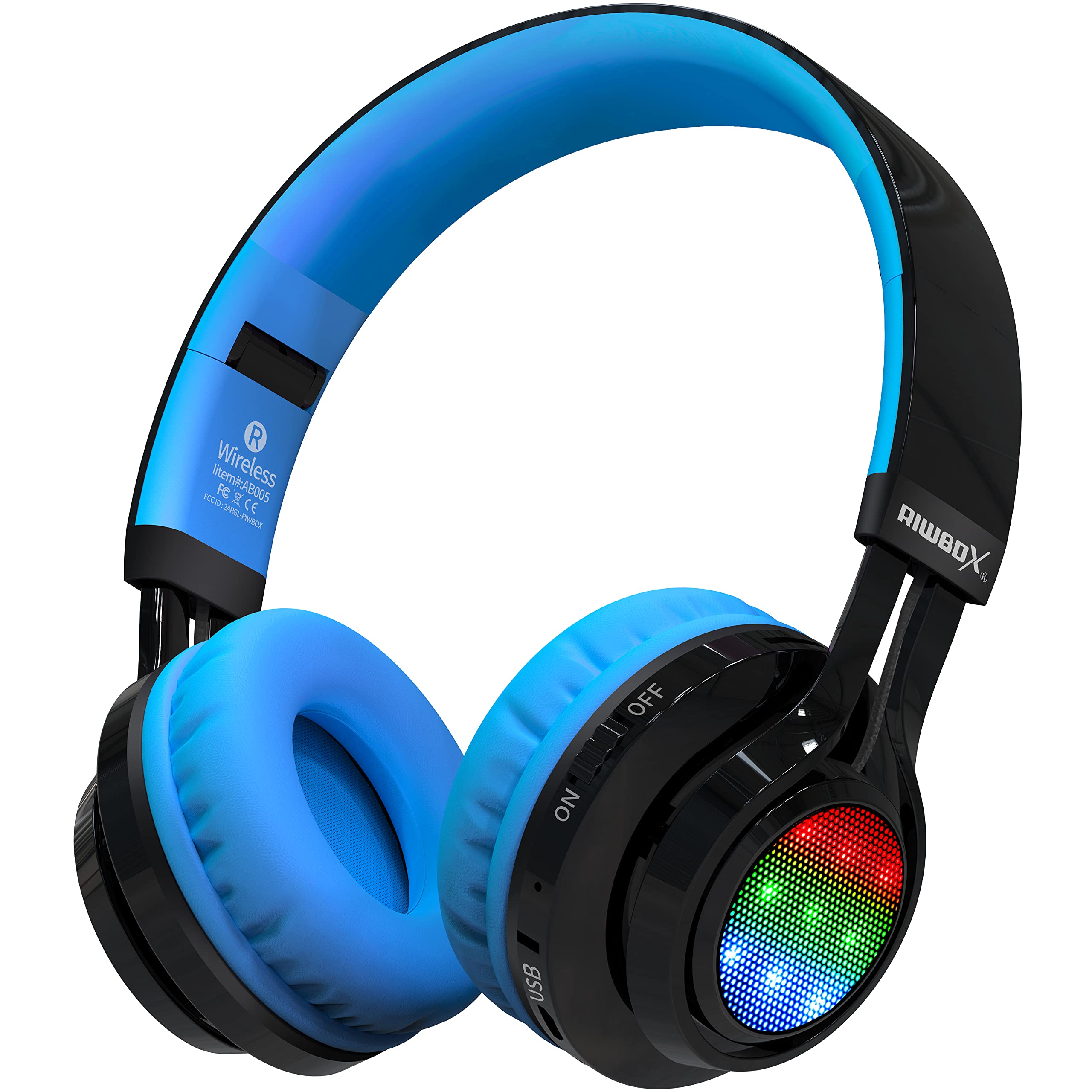 Riwbox AB005 Kids Wireless Bluetooth Headphones V5.2 with Microphone, Foldable Design, TF Card Slot, FM Radio & LED Lights - Compatible with Phones, PC, TV (Black & Blue) - Perfect for School, Travel, and Home Entertainment