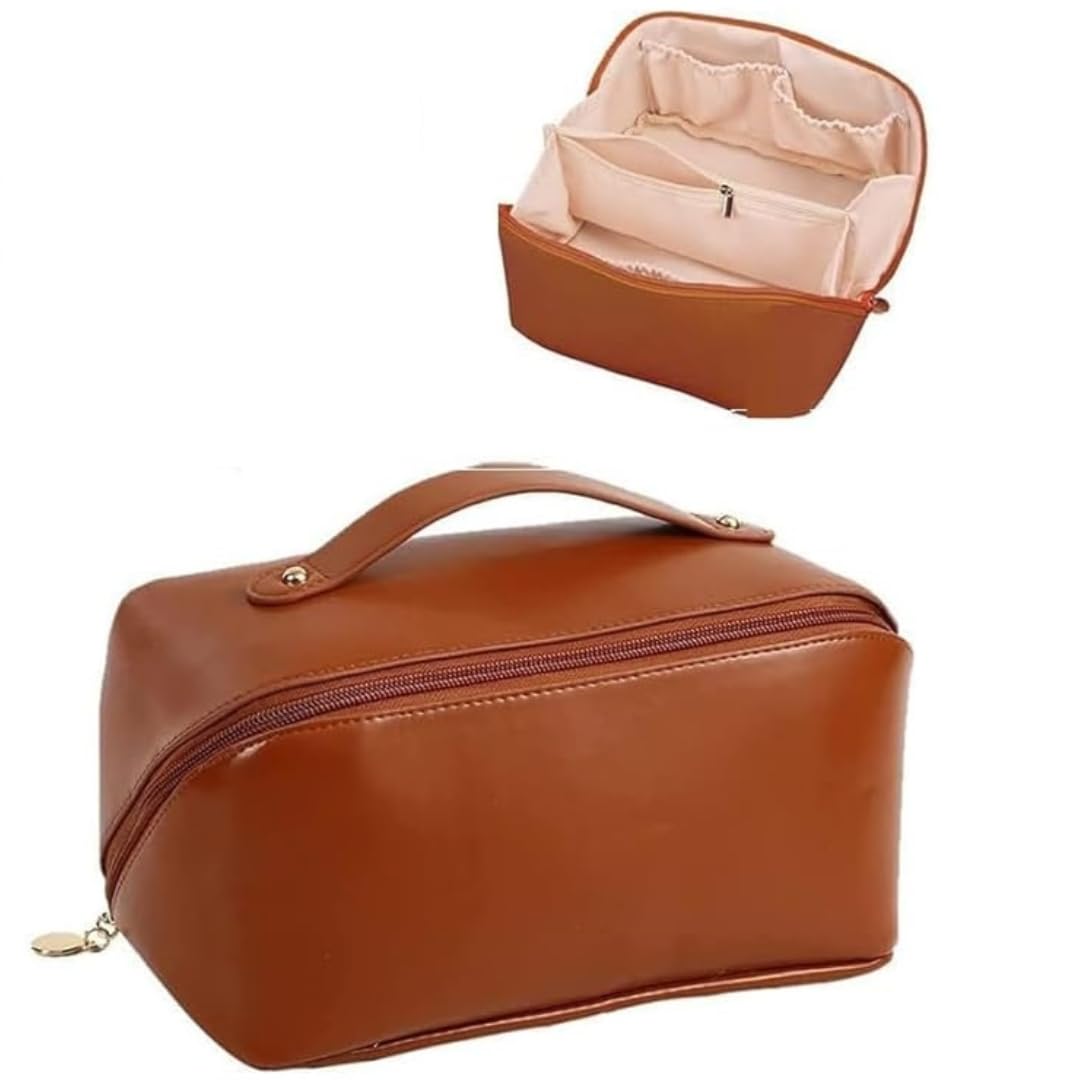 Large Capacity Waterproof Travel Cosmetic Bag with Handle & Divider - Multifunctional Makeup Organizer for Women (Brown, 10cm) | Perfect for Airplane Carry-on, Gym Essentials & Toiletry Storage