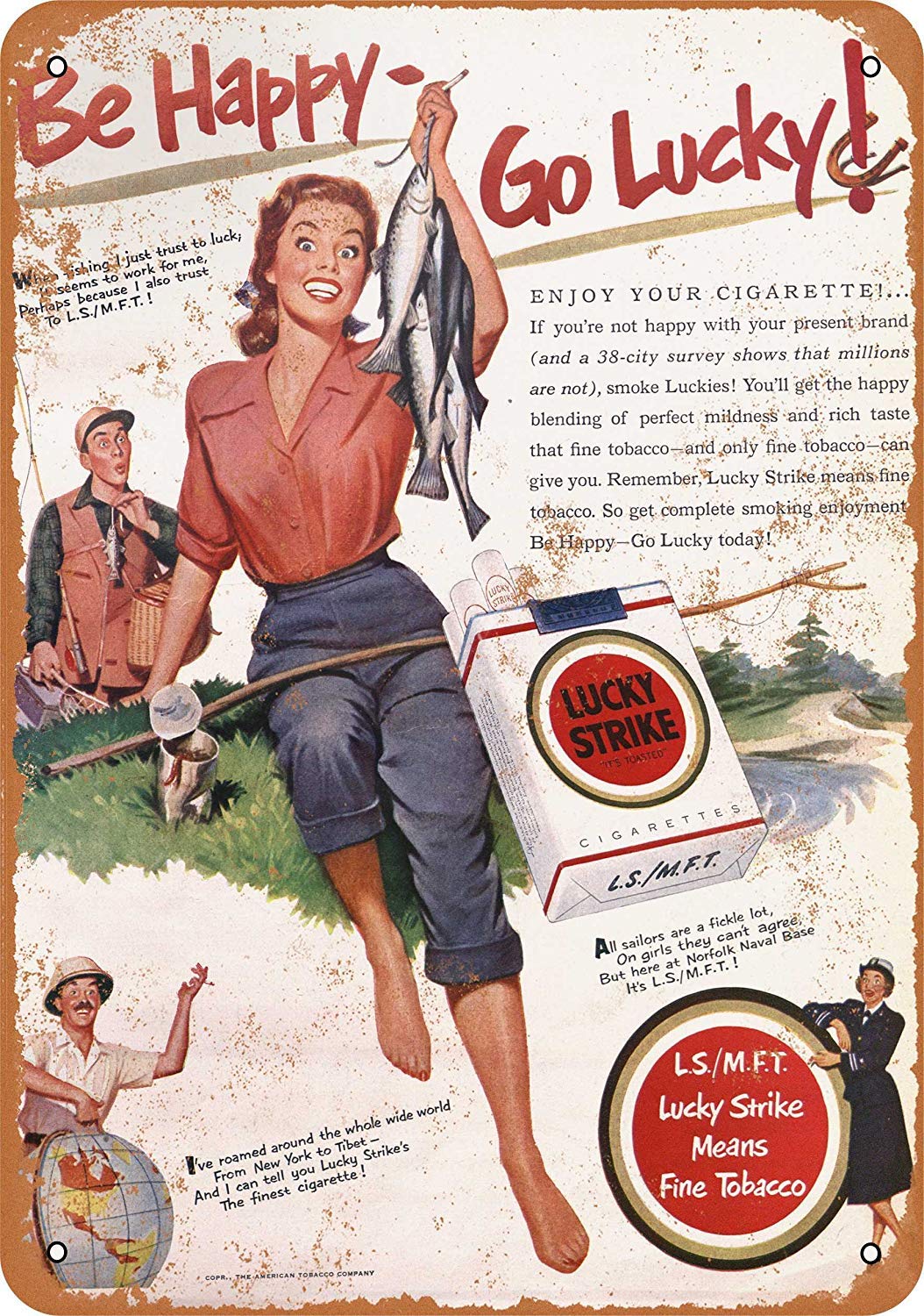 Vintage 1951 Lucky Strike Cigarettes & Fishing Tin Metal Sign - 8x12 Inch Retro Wall Decor for Man Cave, Bar, Garage & Office - Jeremy Mann Inspired Collectible