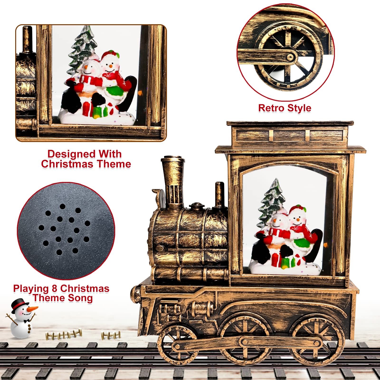 Christmas Snow Globe with Train, Music, Lights & Timer - 8 Holiday Songs, 2 Snowman Sledding Scene, Glittering Snow Globe Decor for Office & Home - Perfect Xmas Gift for Kids & Adults (Great for Mantel Decor, Holiday Parties & Festive Gift Exchanges)