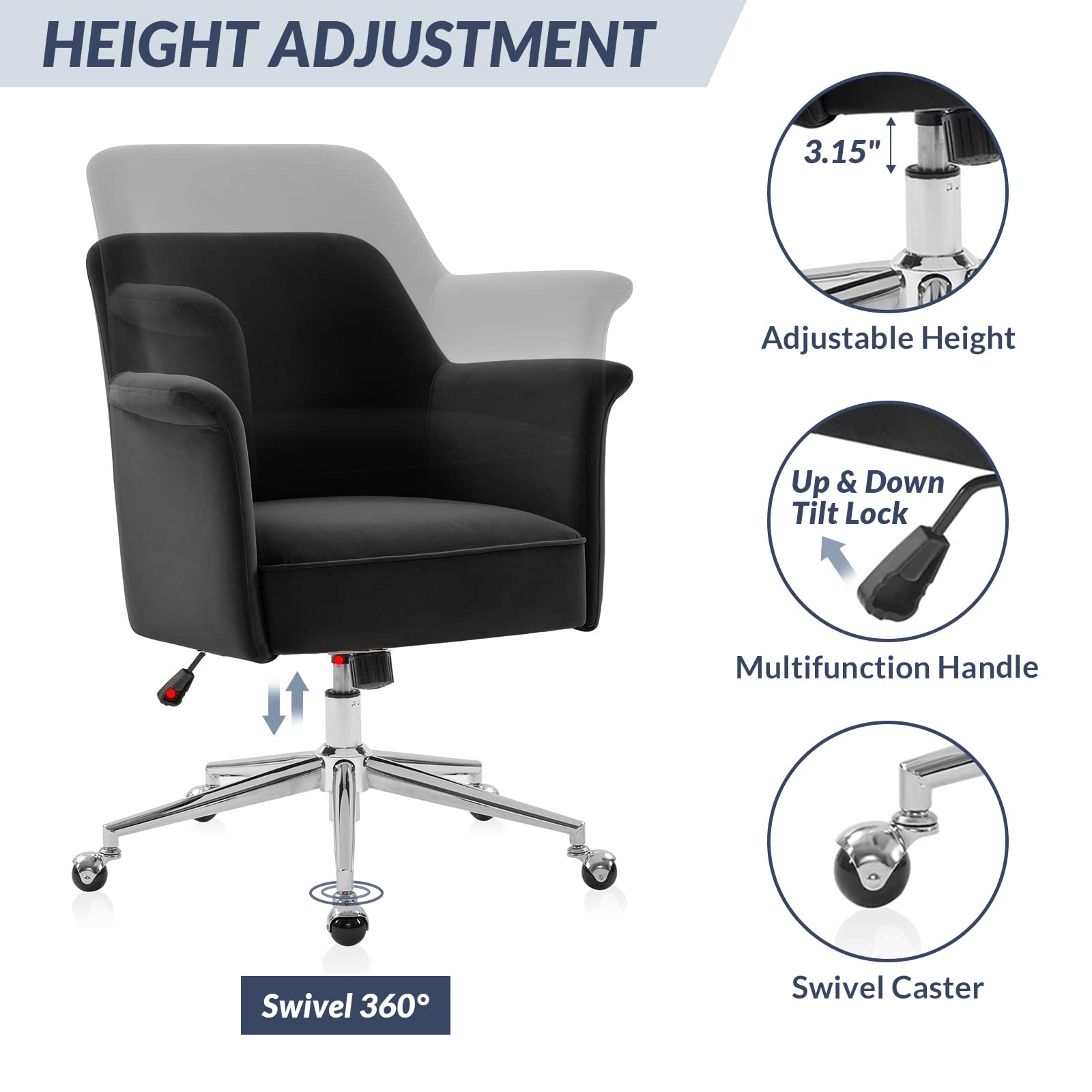 BELLEZE Modern Velvet Office Chair with 360 Swivel & Adjustable Arms - Ergonomic Rolling Desk Chair with Metal Base for Home Office, Study, Bedroom & Vanity - Comfortable Computer Chair for Work & Relaxation (Gray)
