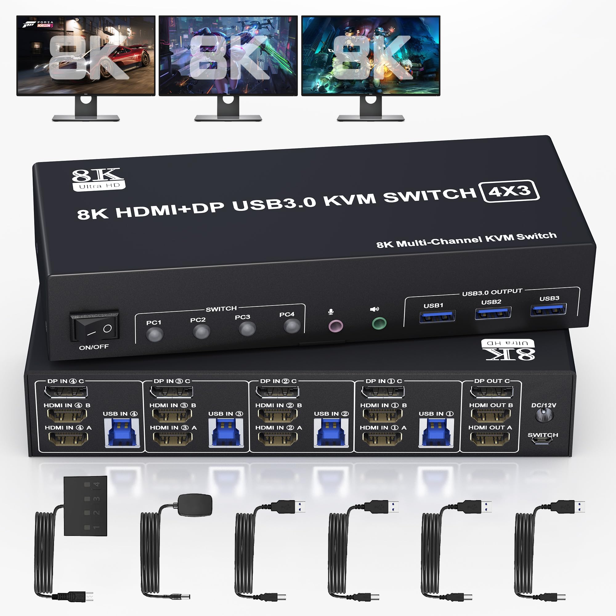 8K@60Hz 4K@144Hz Triple Monitor KVM Switch for 4 Computers - 2 HDMI + 1 DisplayPort with Audio & 3 USB 3.0 Ports | Keyboard Mouse Switcher for Multi-Screen Workstations, Gaming Setups & Office Productivity