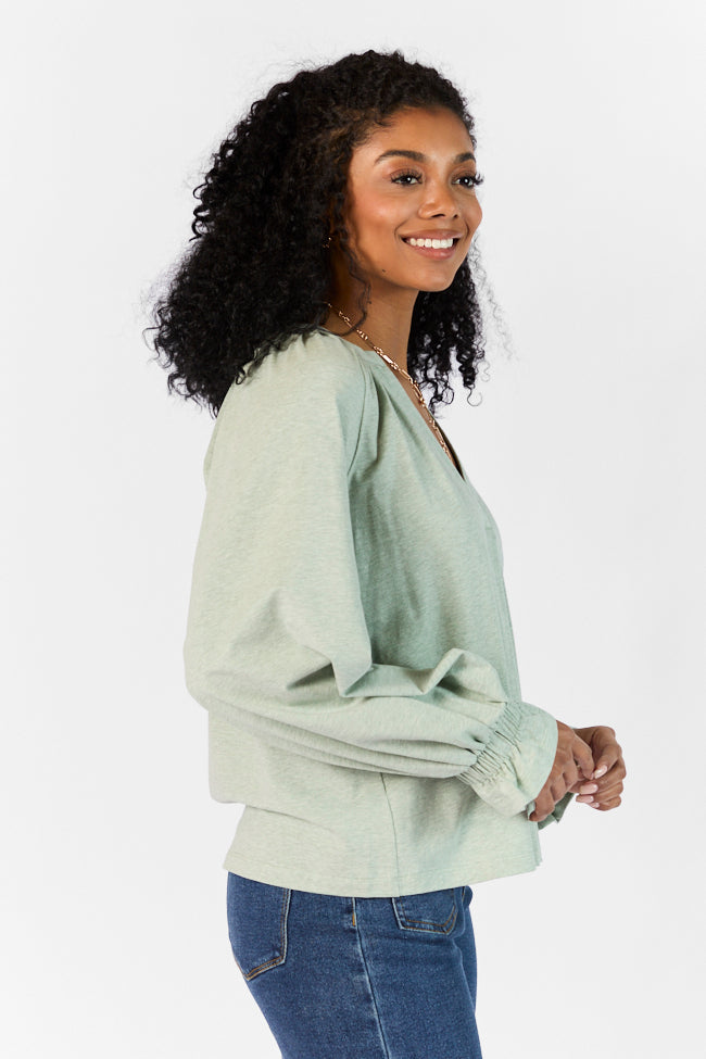 Simply You Sage Knit Notched Neck Long Sleeve Blouse for Women - Comfortable Office & Casual Wear - Elegant Green Knit Top for Work, Date Night & Everyday Outfits