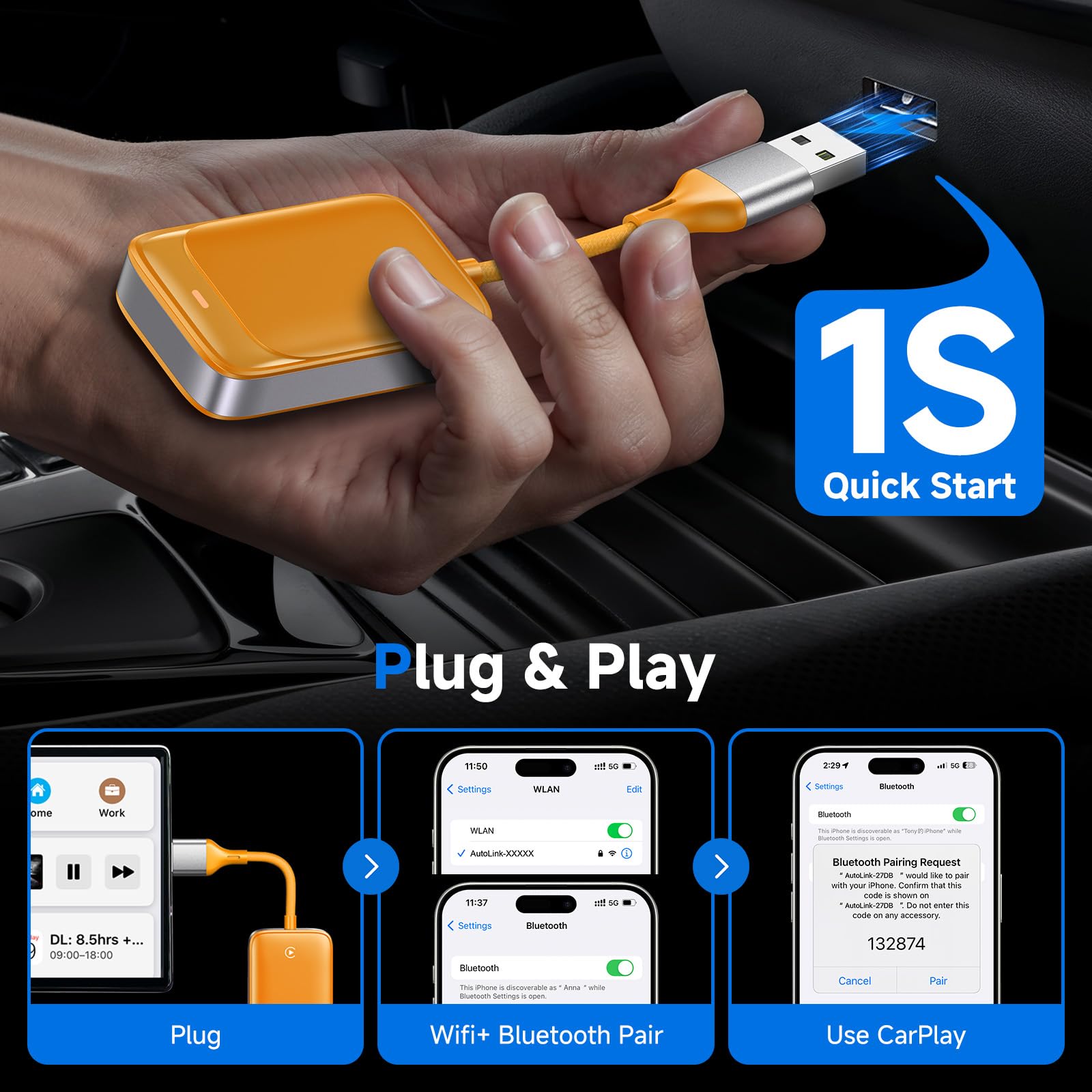 Wireless CarPlay Adapter for iPhone - Convert Wired to Wireless Apple CarPlay - Compatible with iOS 10+ & Cars 2016+ - Mini Plug & Play Design - Stable Connection - Perfect for Commuting, Road Trips & Hands-Free Driving