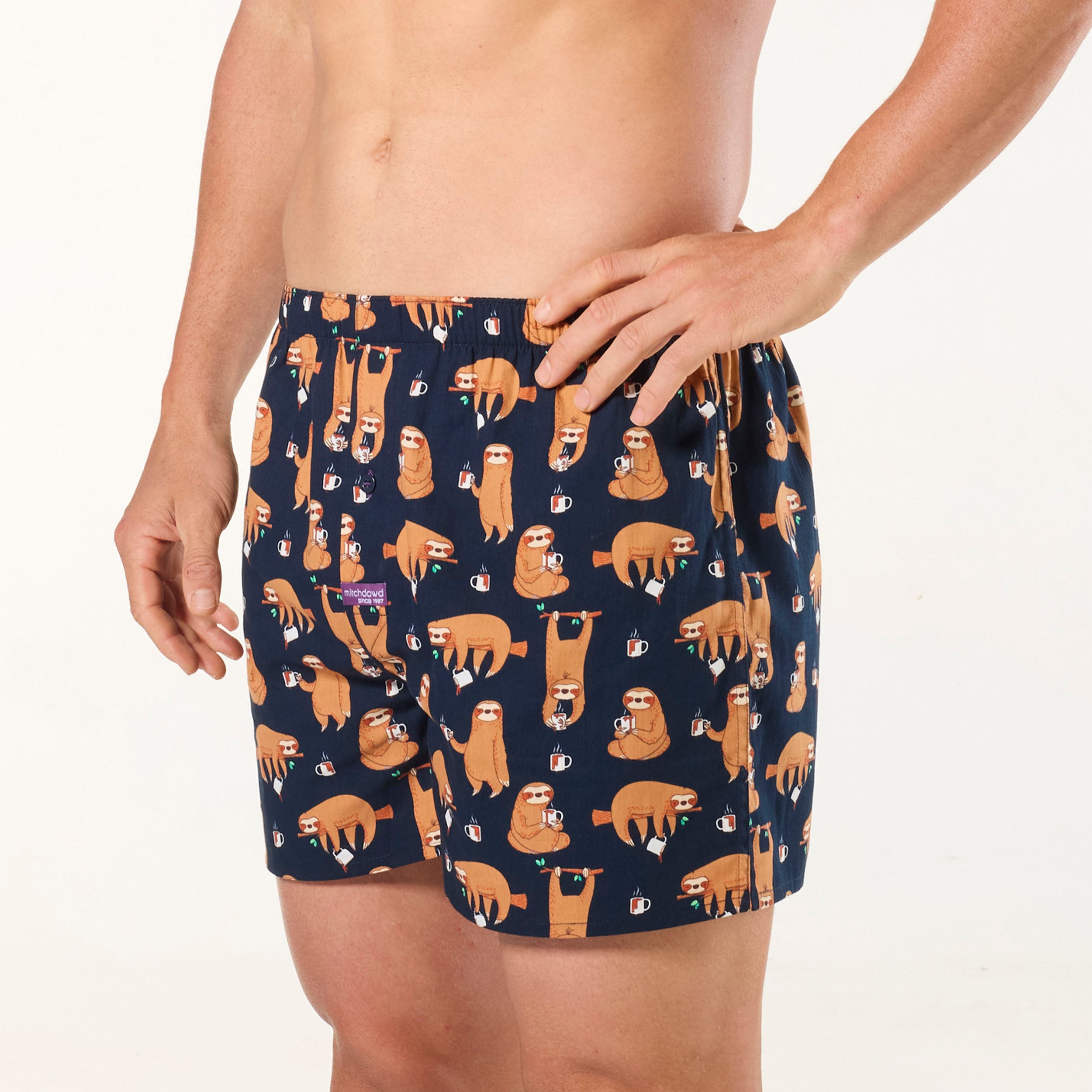 Men's Hangin' Sloths Cotton Boxer Shorts - Soft & Breathable Underwear for Casual Wear & Lounging - Navy Blue