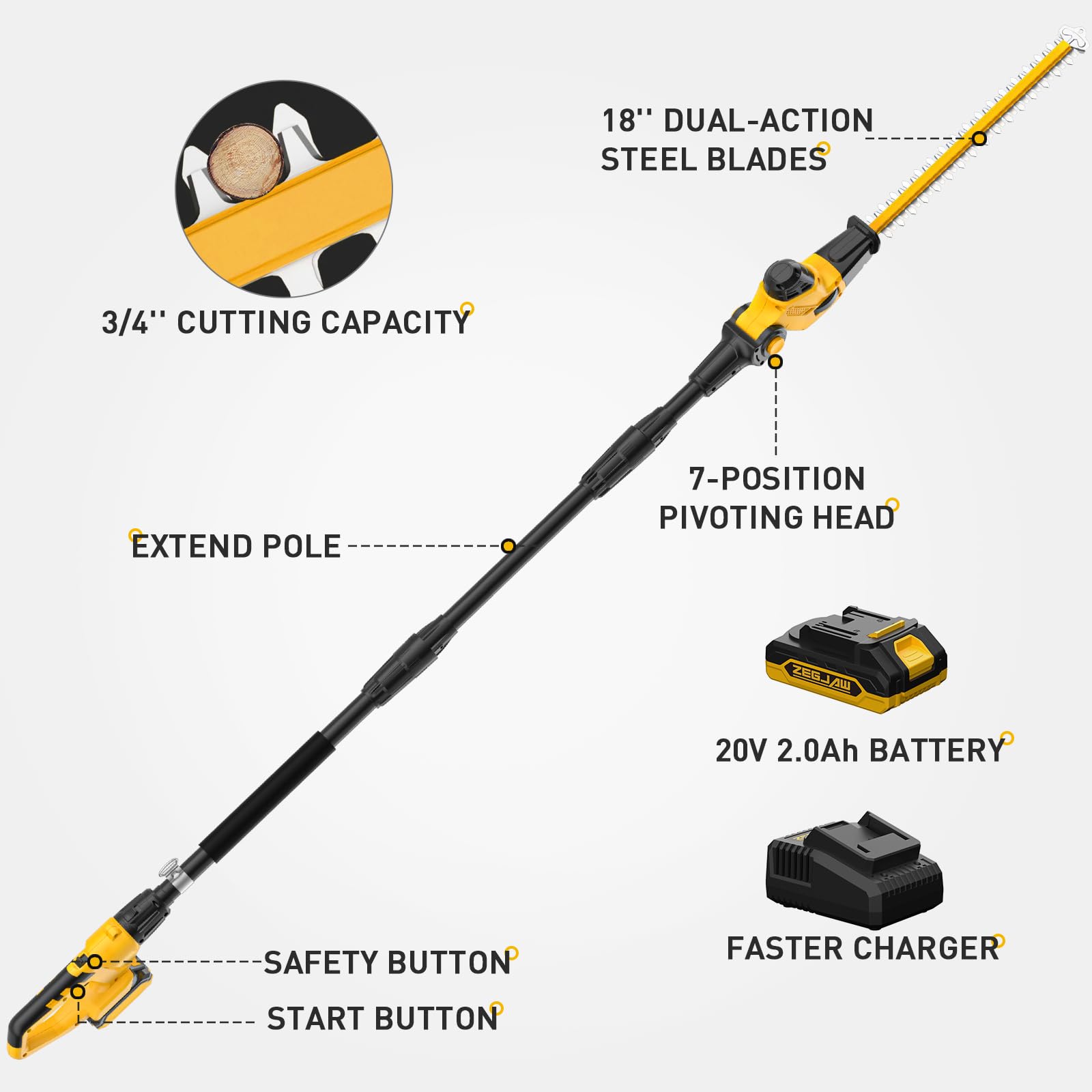 Cordless Pole Hedge Trimmer with 9-Feet Reach & Extension Pole - 20-Inch Cutting Capacity, Multi-Angle Adjustment, Includes 2.0Ah Battery & Fast Charger - Perfect for Tall Hedges, Tree Branches, and Hard-to-Reach Landscaping