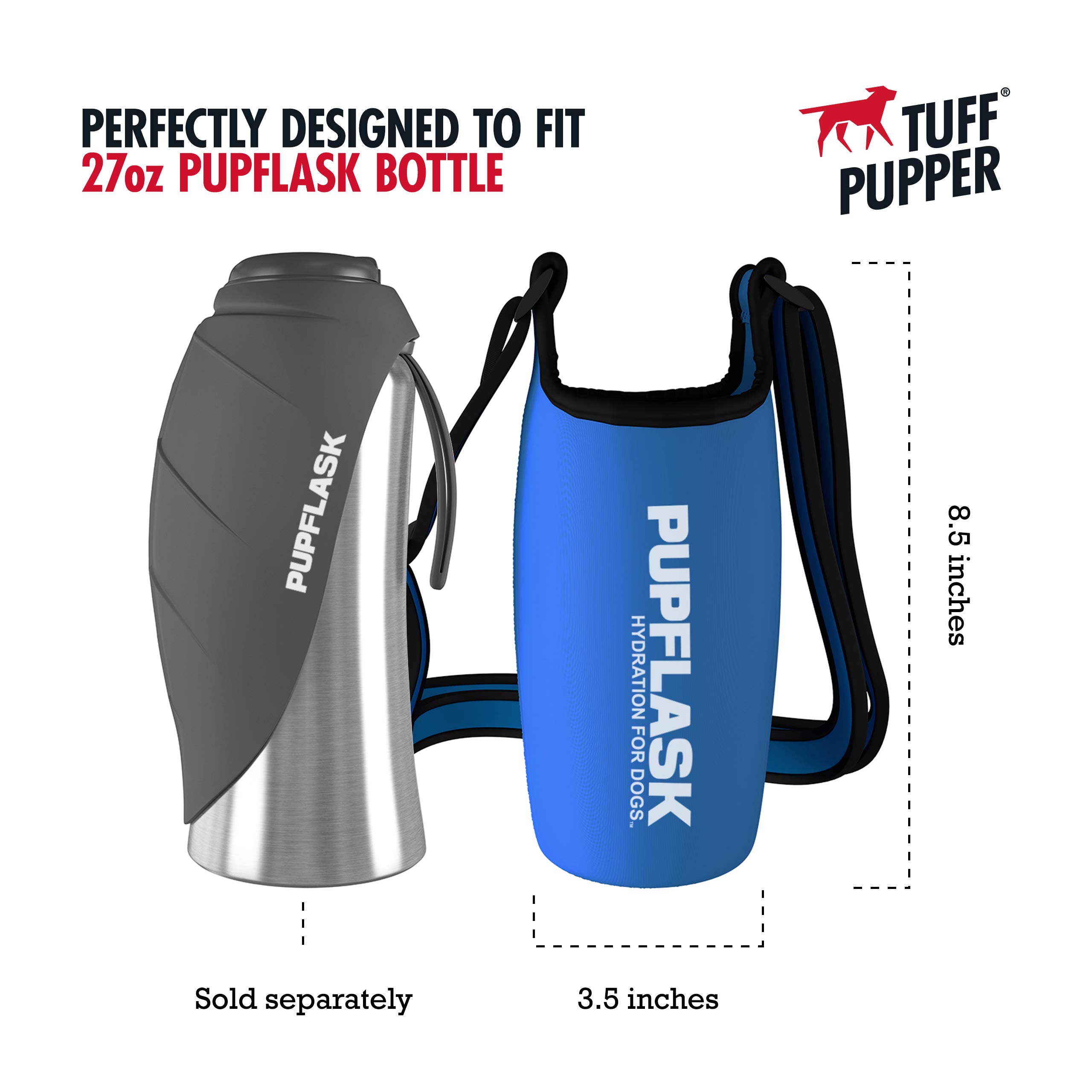 Tuff Pupper Dog Water Bottle Holder with PupFlask - 27oz Portable Pet Water Bottle for Hiking, Walking & Outdoor Adventures - Blue