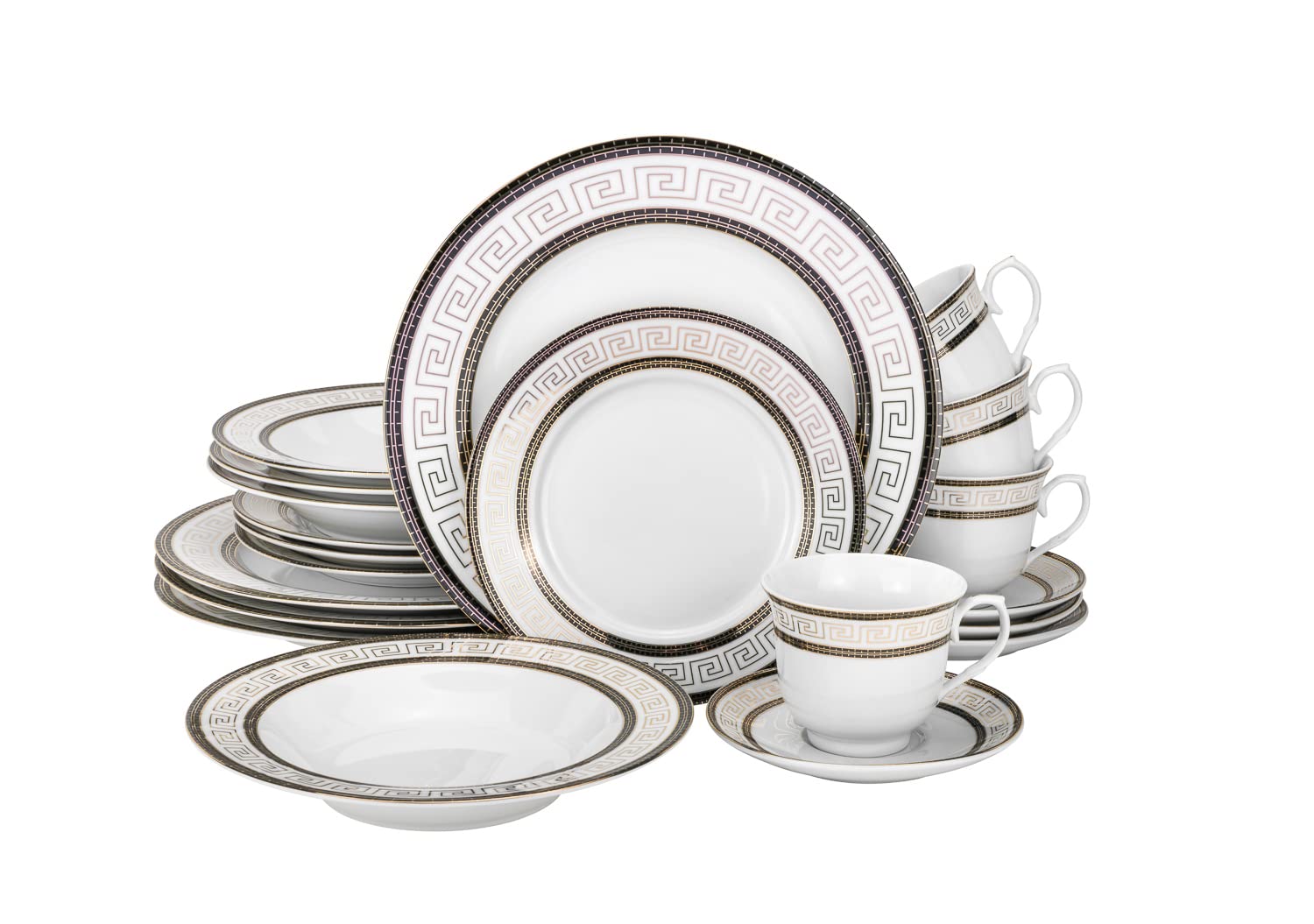 20-Piece Luxury Dinnerware Set with 24K Gold Greek Key Design - Premium Porcelain Tableware Service for 4 People - Elegant Dining Set for Weddings, Holidays & Formal Entertaining (21128)