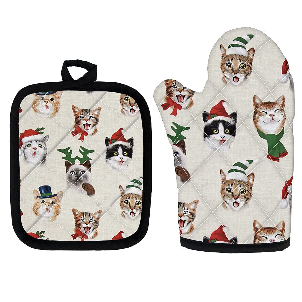 Christmas Cat Oven Mitts - Heat Resistant Kitchen Gloves & Pot Holders Set for Cooking, Baking, BBQ - Perfect for Holiday Baking, Home Kitchen & Gift Giving