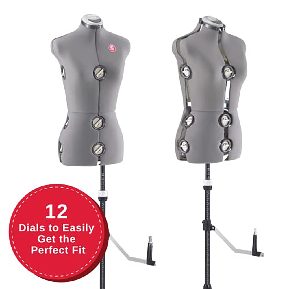SINGER Adjustable Dress Form Mannequin for Women - Size 10-18, Gray Pinnable Body Torso with 360° Hem Guide, Foam-Backed Fabric, 12 Dials & Tripod Stand | Perfect for Tailoring, Fashion Design, Sewing Projects & Dressmaking