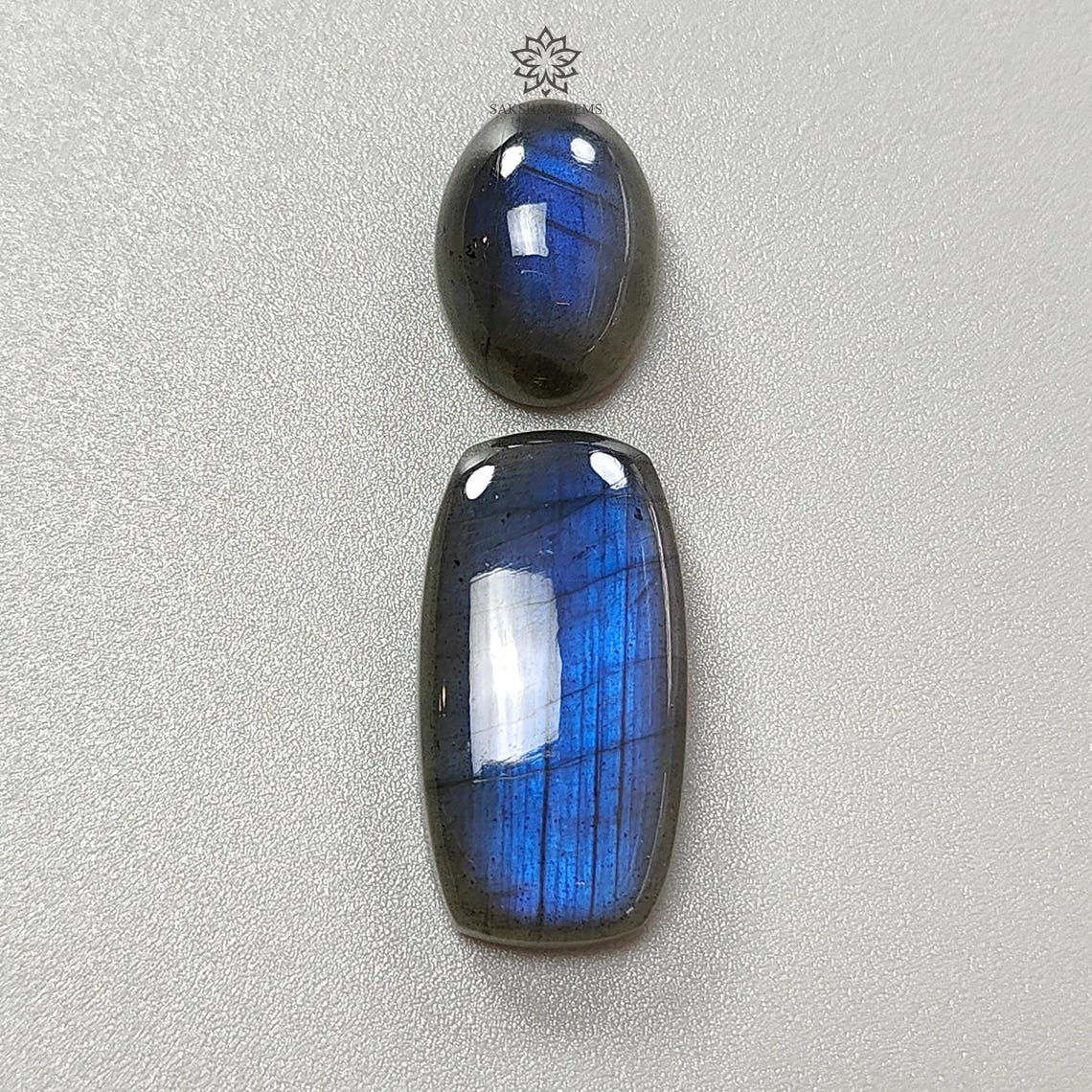 Natural Blue Labradorite Gemstone Cabochon Set - Untreated Oval, Baguette & Cushion Shapes (2pcs) for Jewelry Making, Wire Wrapping & Healing Crystal Collection