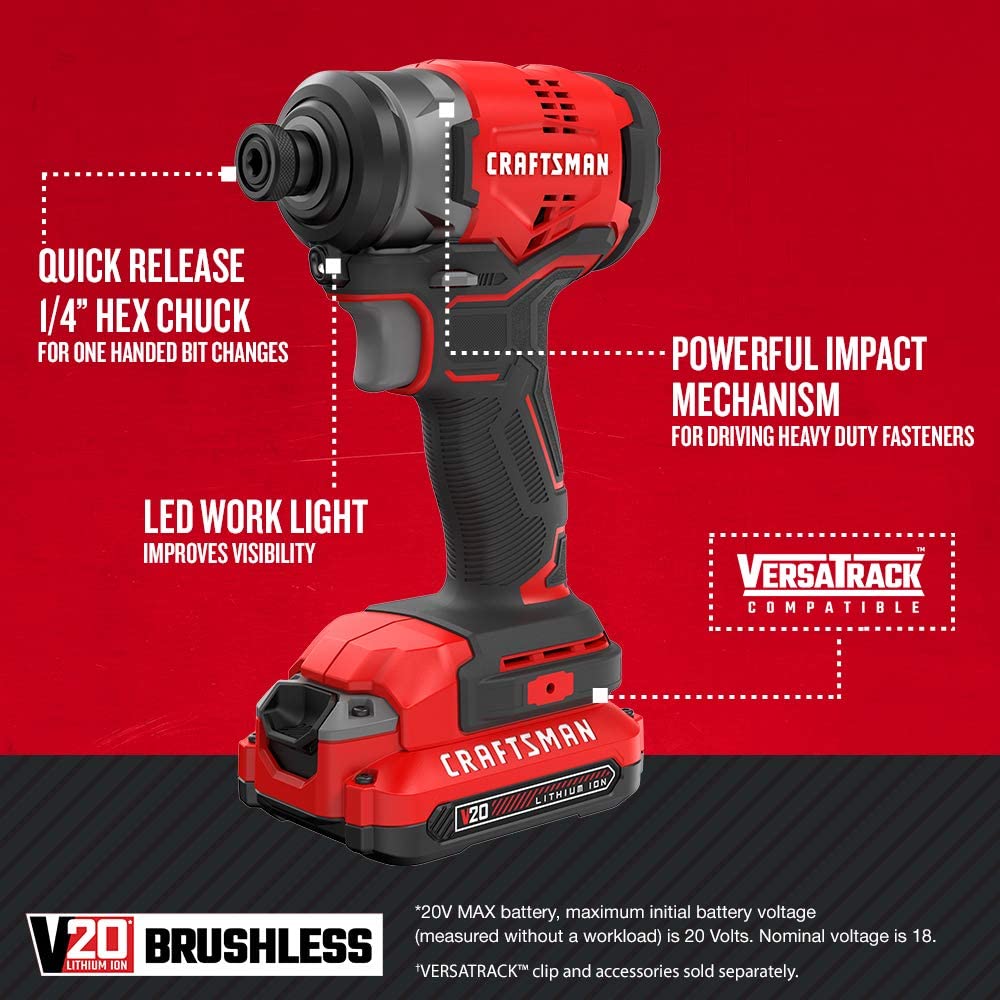 CRAFTSMAN 20V Cordless Impact Driver Kit (CMCF810C1) - Certified Refurbished with Full Warranty - Powerful Tool for DIY Projects & Professional Construction Work
