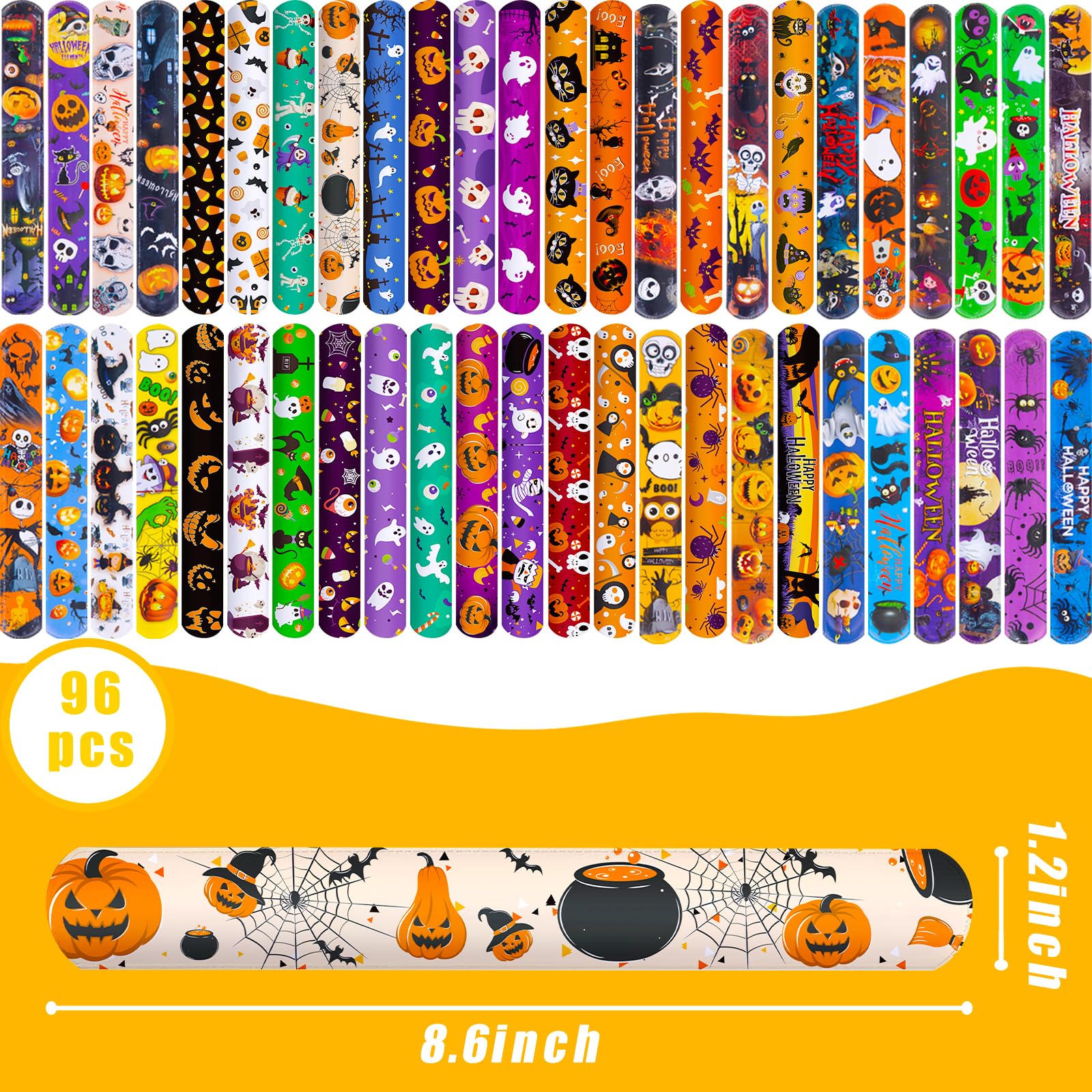 96PCS Halloween Slap Bracelets for Kids - Bulk Party Favors, Trick or Treat Goodie Bag Stuffers, Fun Halloween Wristbands for Classroom Prizes & Costume Accessories