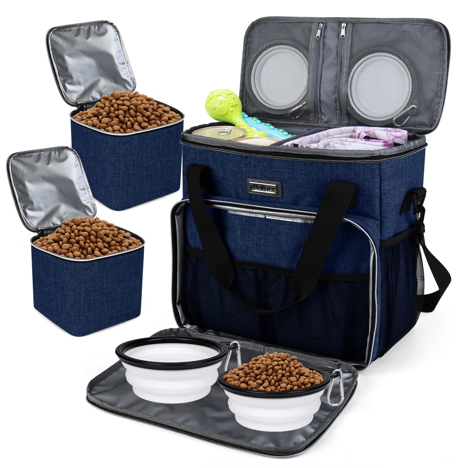 BAGLHER Pet Travel Bag with Bowls & Containers for Dogs - Dark Blue