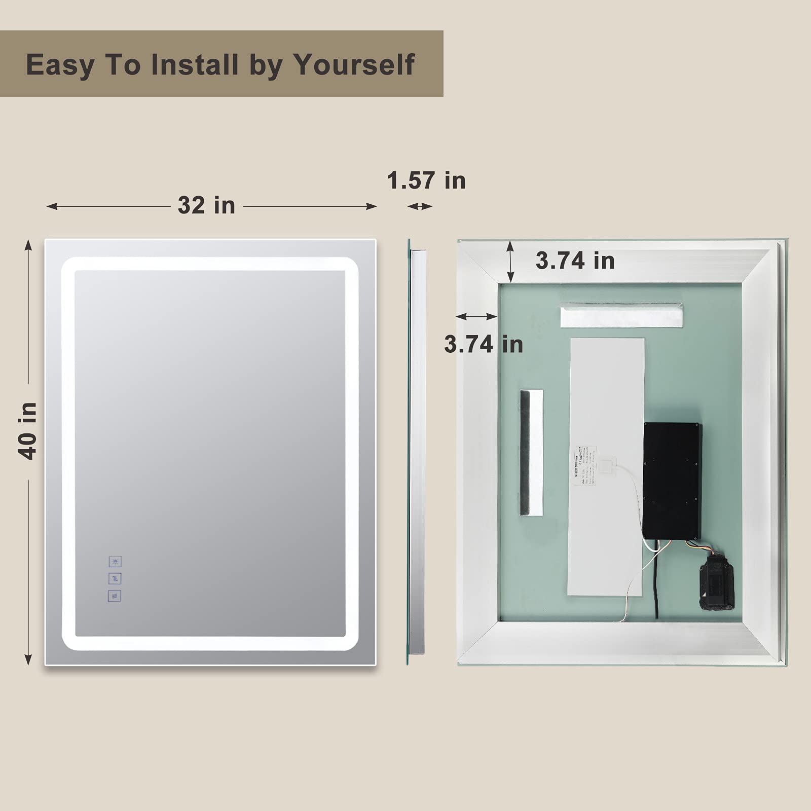 DURASPACE 40 x 32 Inch LED Lighted Bathroom Mirror - Dimmable Anti-Fog Vanity Wall Mirror with Memory Function (Vertical/Horizontal) - Perfect for Makeup, Shaving & Home Decor