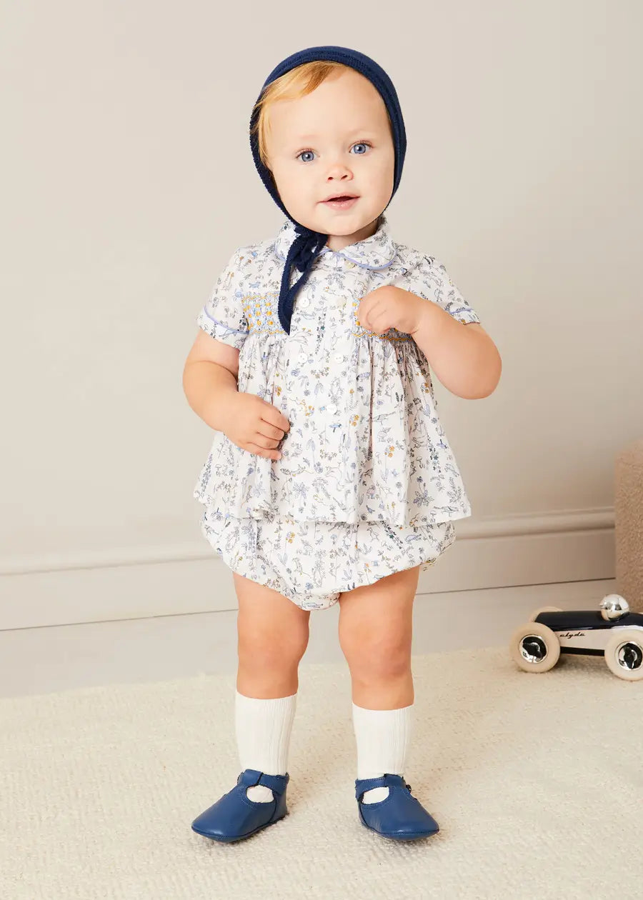 Ellis Liberty Print Hand Smocked Short Sleeve Baby Shirt - Blue Floral Cotton Top for Boys & Girls (6 Months to 4 Years) | Perfect for Spring Outfits, Family Photos & Special Occasions