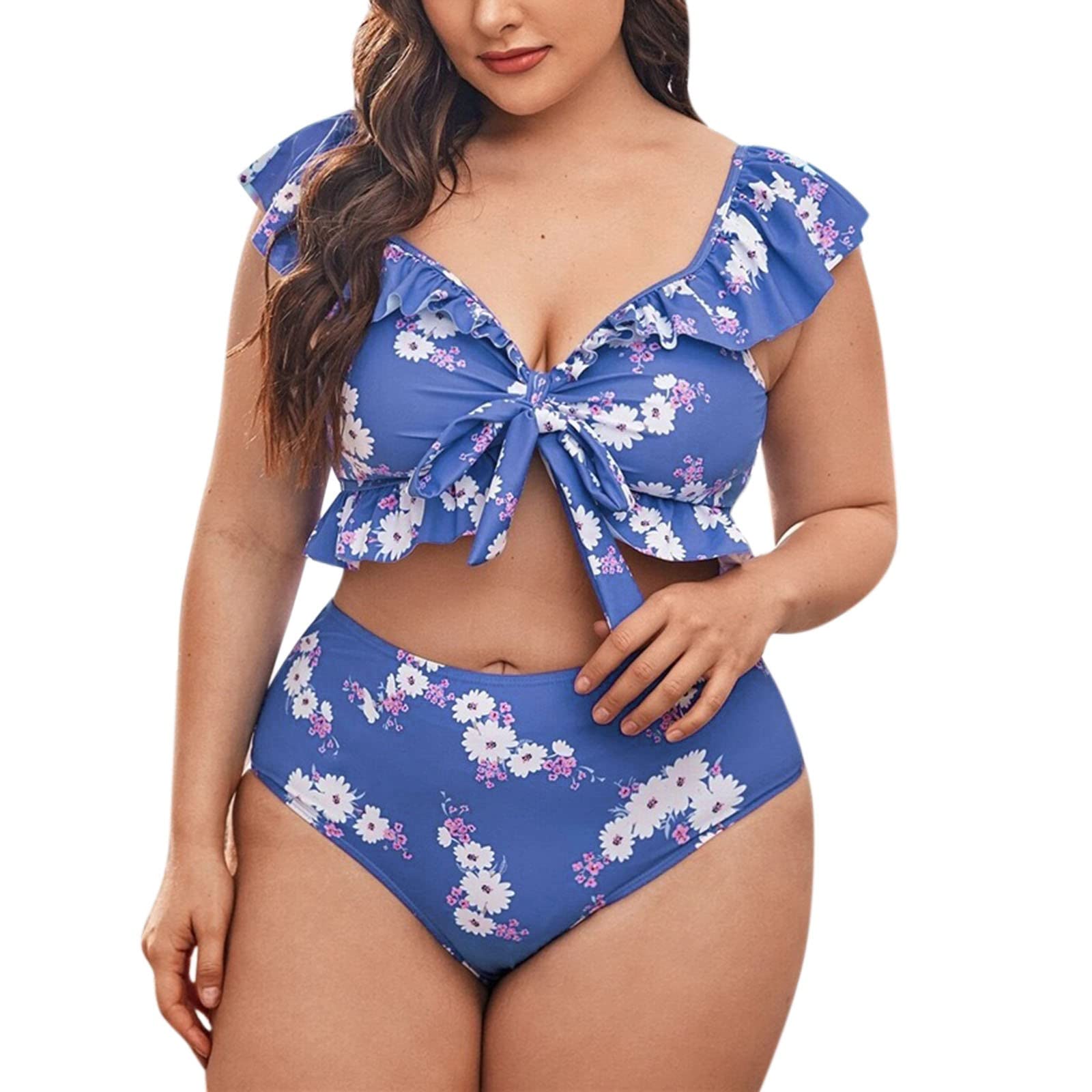 Plus Size Women's Printed Ruffle Tankini Swimsuit Set - Two Piece Bathing Suit with Cups for Swimming, Beach Vacations & Pool Parties