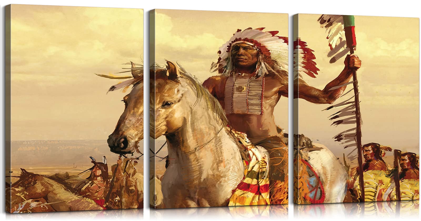 3-Piece Native American Indian Wall Art Set - Tribal Decor with Chiefs Design for Living Room & Bedroom - 16''W x 24''H Canvas Prints - Perfect for Southwest, Boho & Western Home Decor Styles
