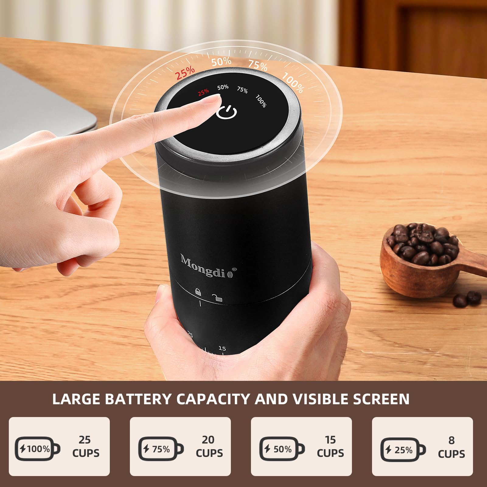 Mongdio Portable Electric Burr Coffee Grinder - 38 Adjustable Settings, Conical Burr Mill with LED Display, USB Rechargeable, Ceramic Core - Perfect for Home, Office & Travel Use - Space Black