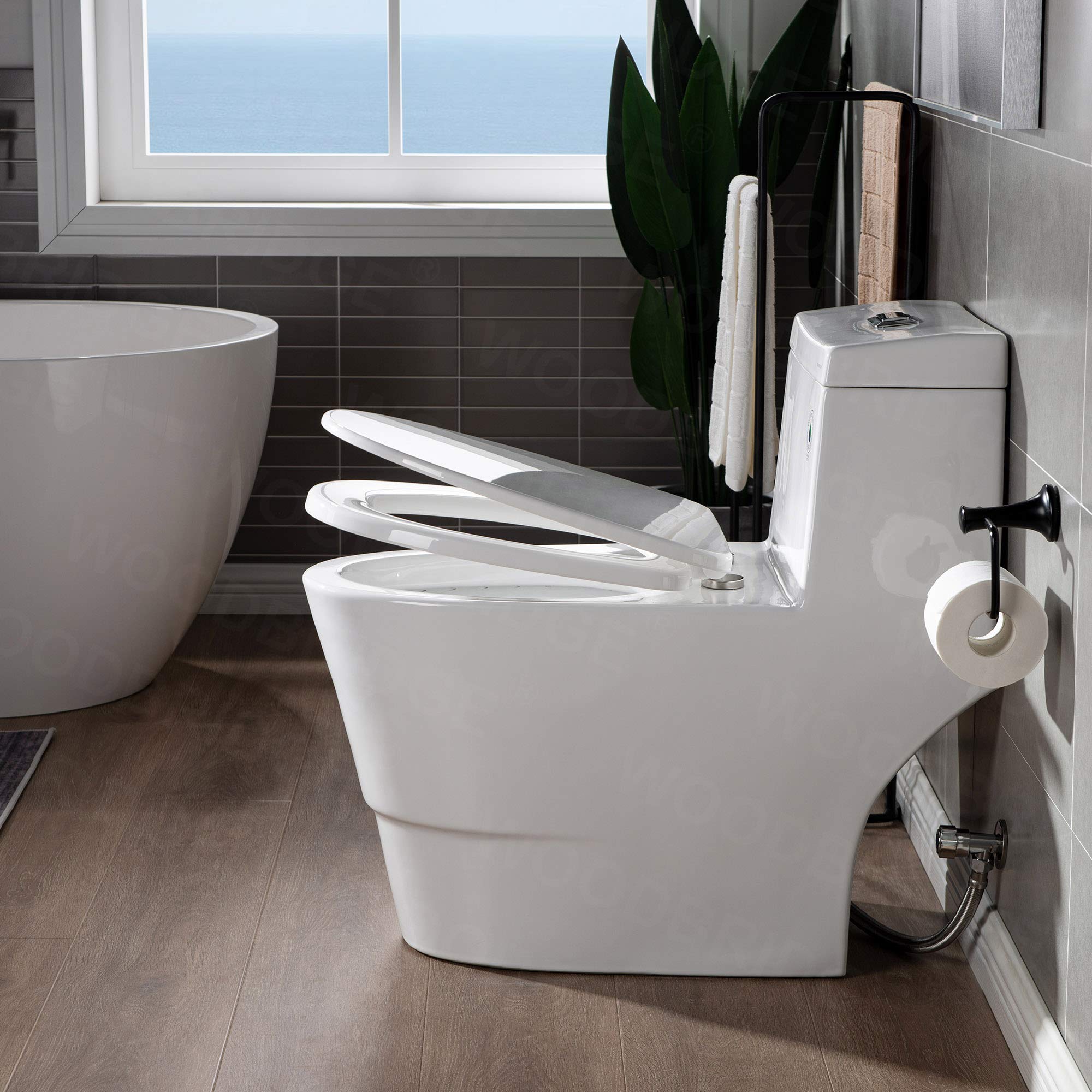 WOODBRIDGEE One Piece Toilet with Soft-Close Seat - Chair Height ADA Comfort, 1.28 GPF Dual Flush Water-Saving Design, 1000g MaP Flushing Power with Chrome Push Button (Model T0001-CH, White) - Perfect for Modern Bathrooms & Water-Efficient Homes