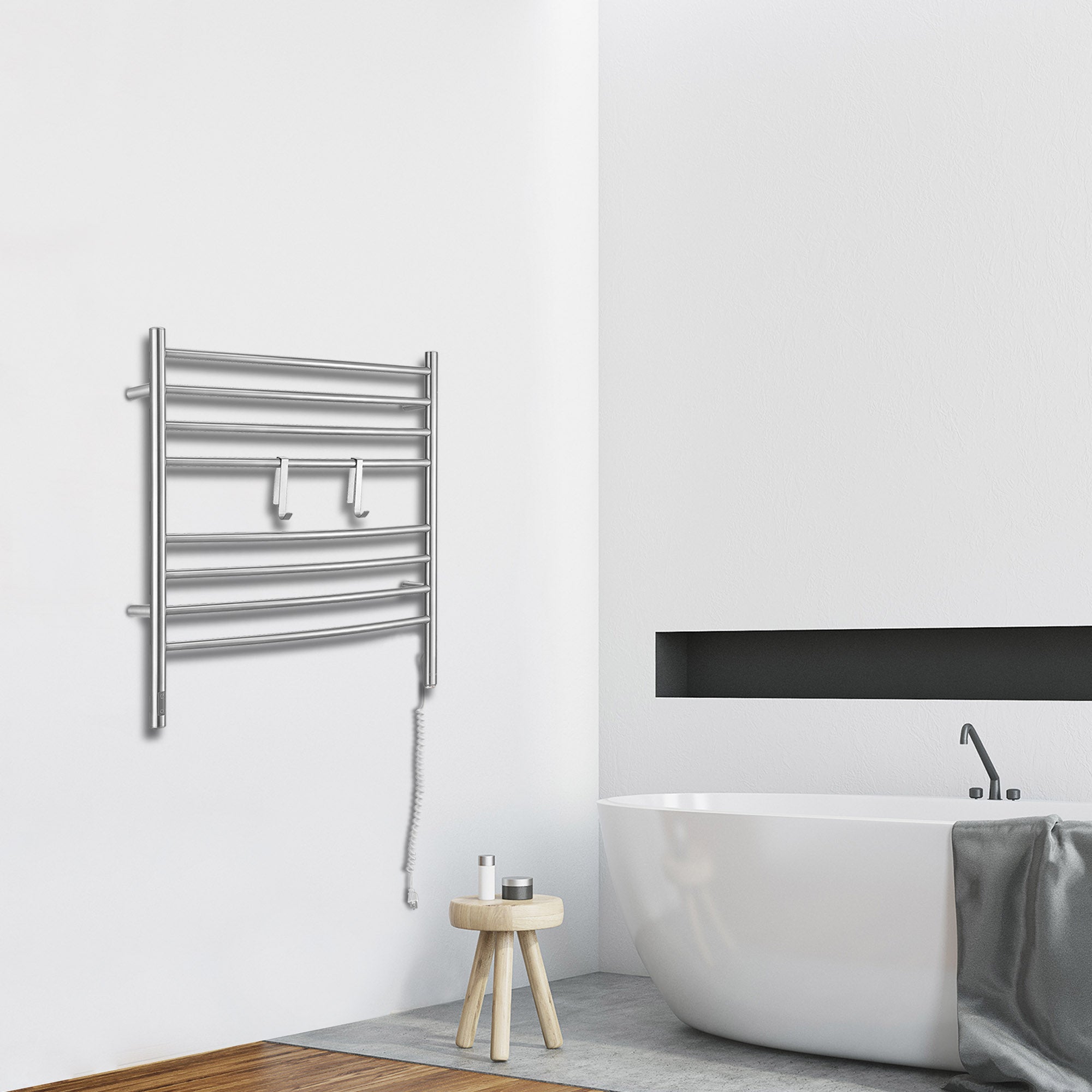 Arezzo OBT 8 Bar Hardwired & Plug-in Stainless Steel Towel Warmer with 2 Adjustable Hooks & Built-in Timer - Perfect for Bathrooms, Spas & Luxury Homes