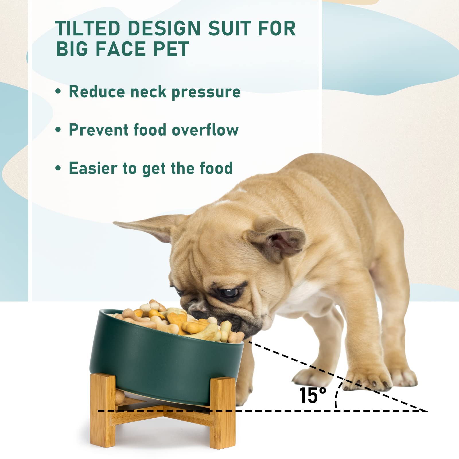 SPUNKYJUNKY 15° Tilted Ceramic Pet Bowl with Wooden Stand - Non-Slip Non-Spill Dog & Cat Food Water Dish for Bulldogs, Flat-Faced Breeds (28.7oz/3.6 Cups, Green) - Perfect for Messy Eaters & Easy Feeding at Home or Travel